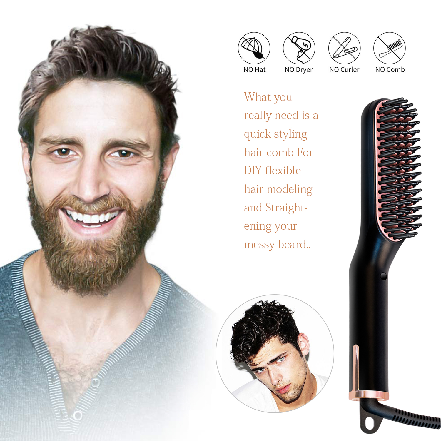 Mann mit Bart und Haarkamm. Text wirbt für Haarkamm zum DIY-Styling und Bartglätten.