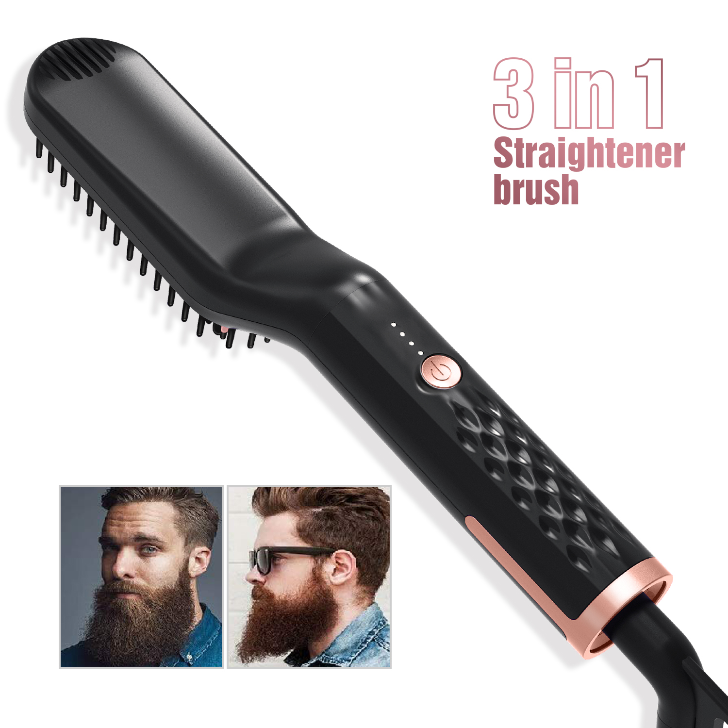 Eine schwarze 3-in-1-Bartglättungsbürste mit zwei Bartbeispielen.