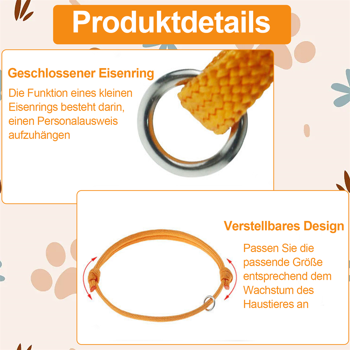Produktdetails mit silbernem Ring und orangefarbener Leine mit Text.