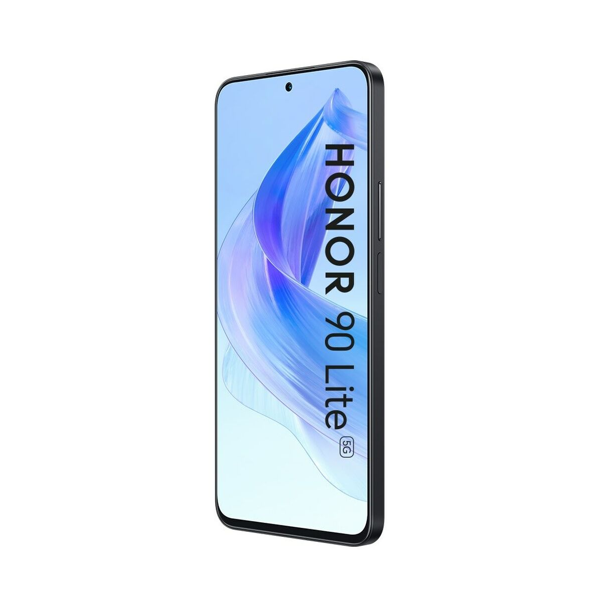 Un telefono Honor 90 Lite 5G nero in verticale con sfondo blu.