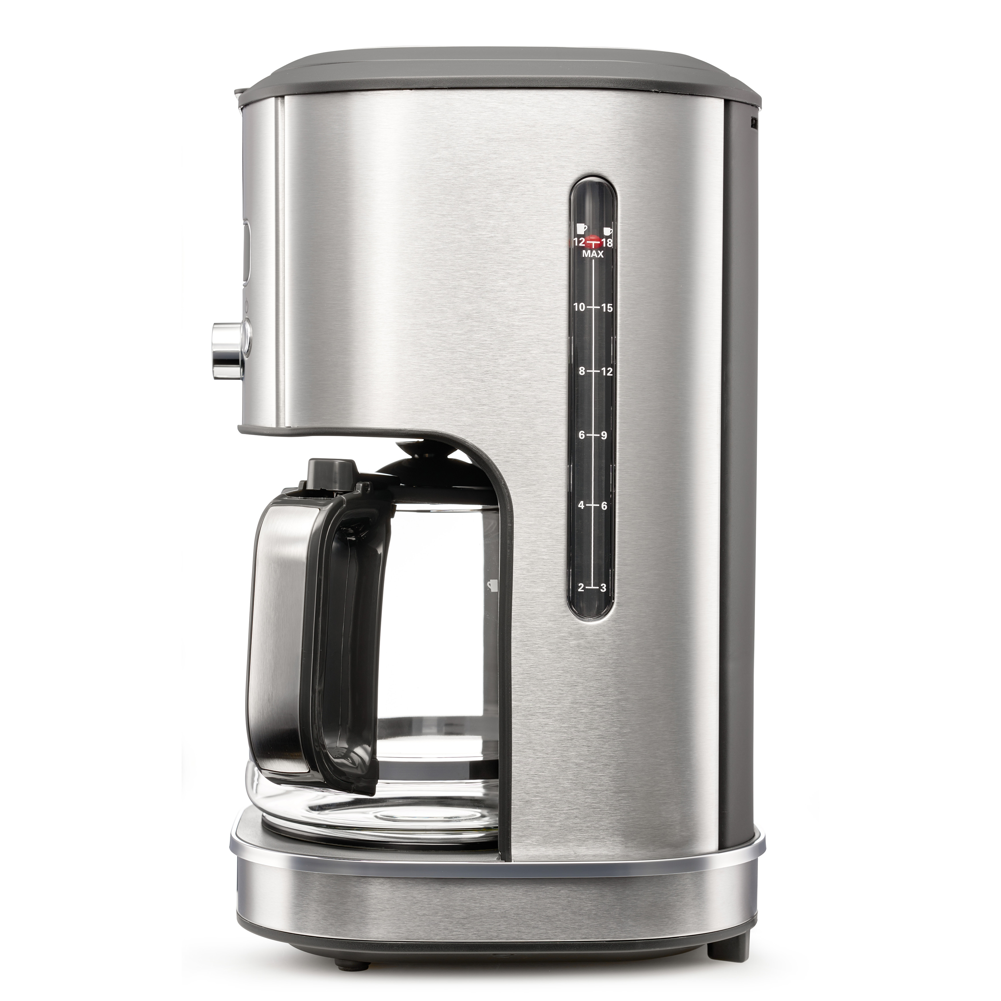 Kaffeemaschine aus Edelstahl mit Glaskaraffe.