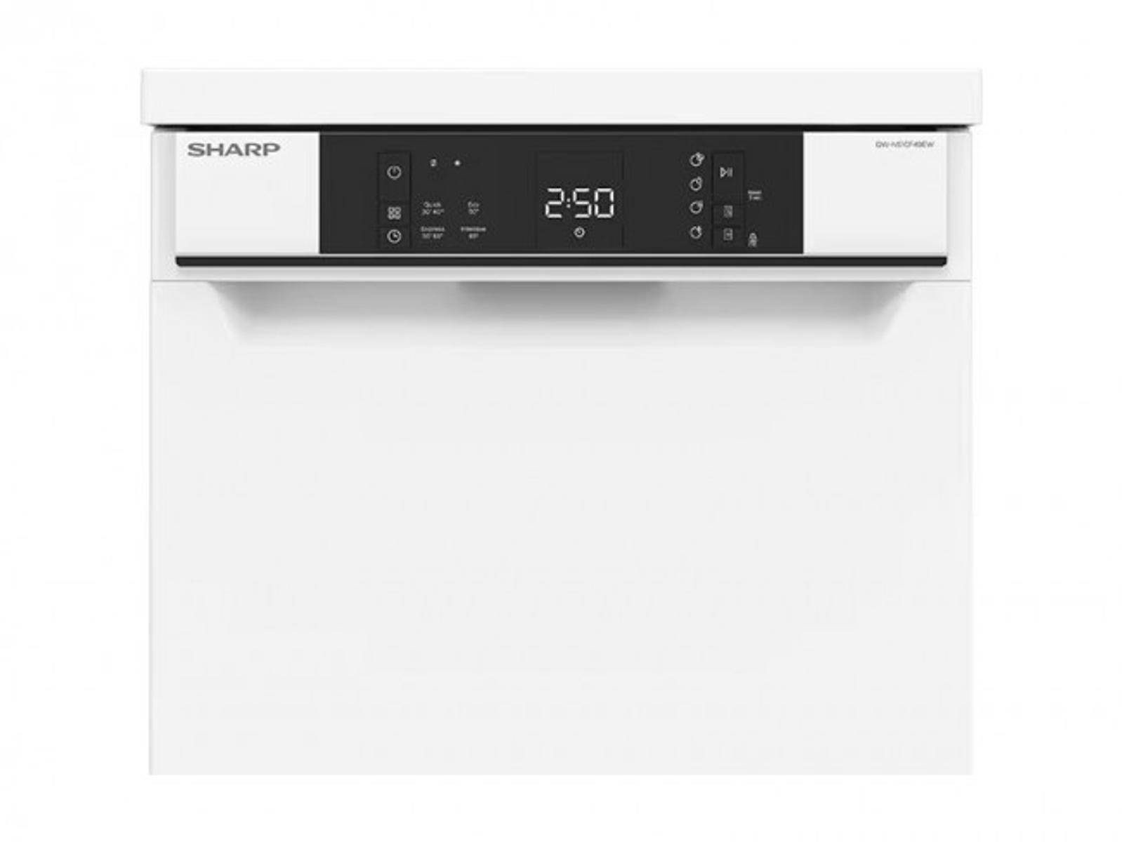 Un panel de control de lavavajillas blanco de SHARP, que muestra un reloj y botones de control.