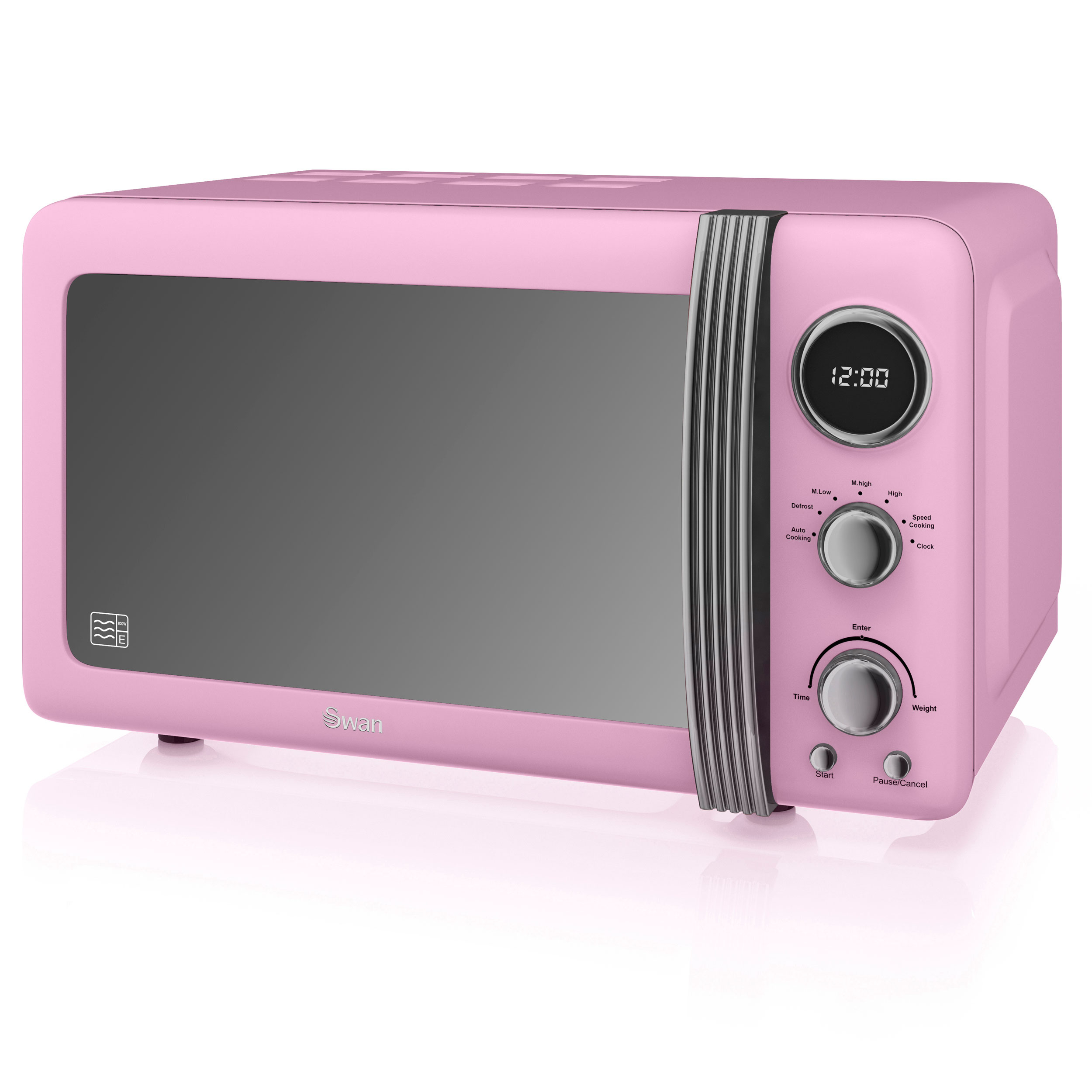 Un horno microondas rosa con detalles plateados, reloj digital y panel de control.