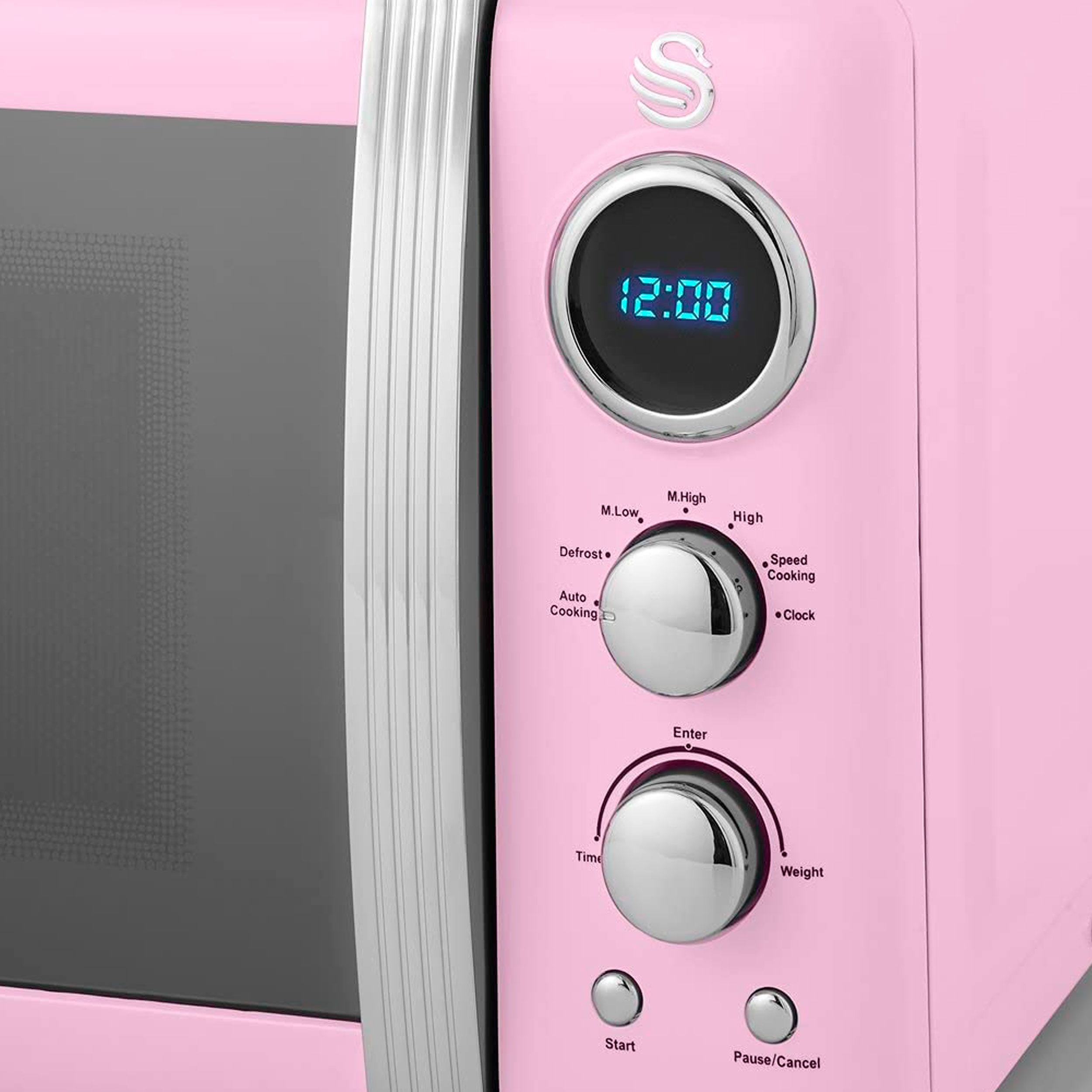Microondas rosa con pantalla, perillas de control y botones.
