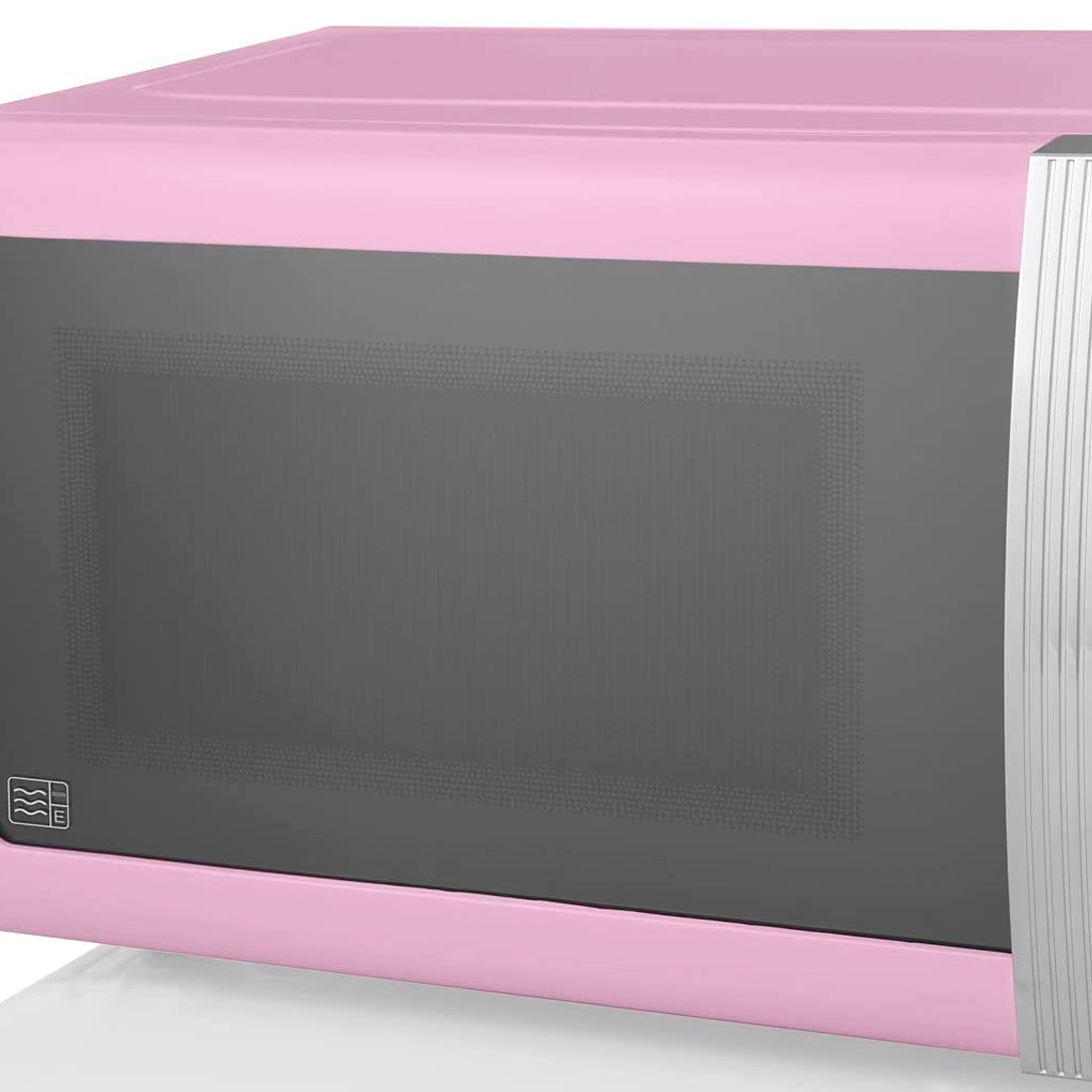 Horno microondas rosa con puerta gris oscuro, manija plateada brillante, sobre fondo blanco.