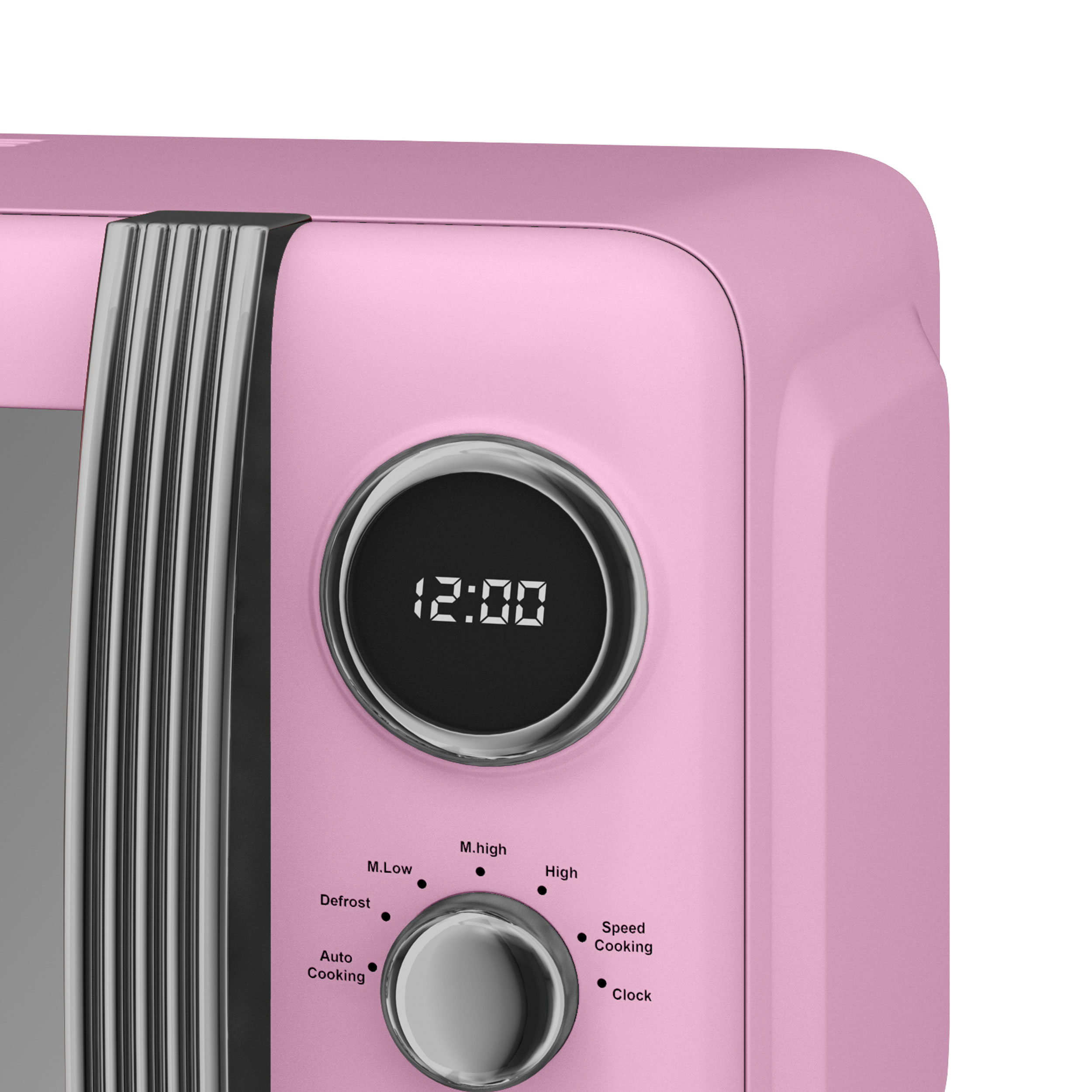 Microondas retro rosa, pantalla de reloj digital y panel de control. Fondo blanco.