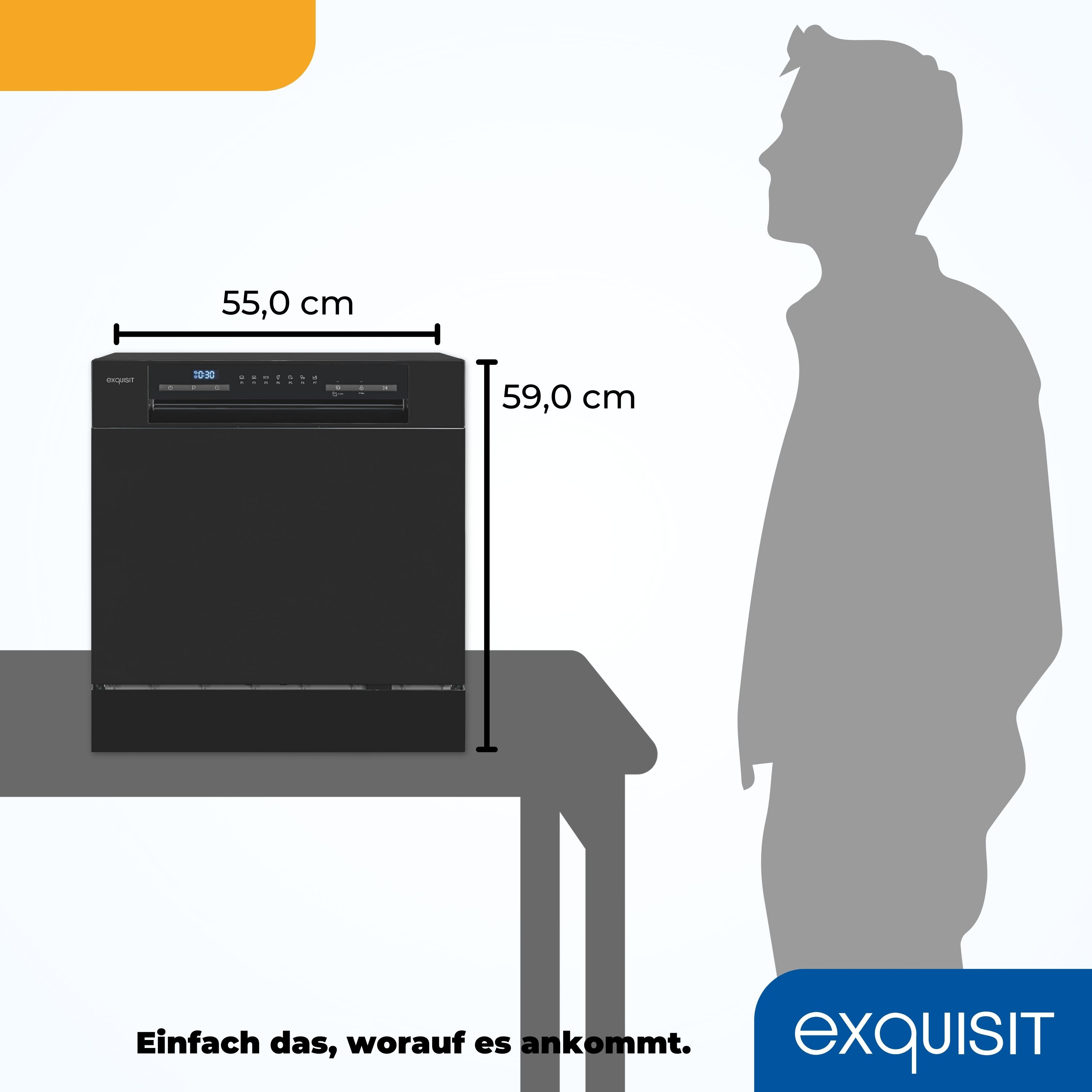 Ein schwarzer Geschirrspüler mit Maßen und einer Männersilhouette daneben. Text: Einfach das, worauf es ankommt.