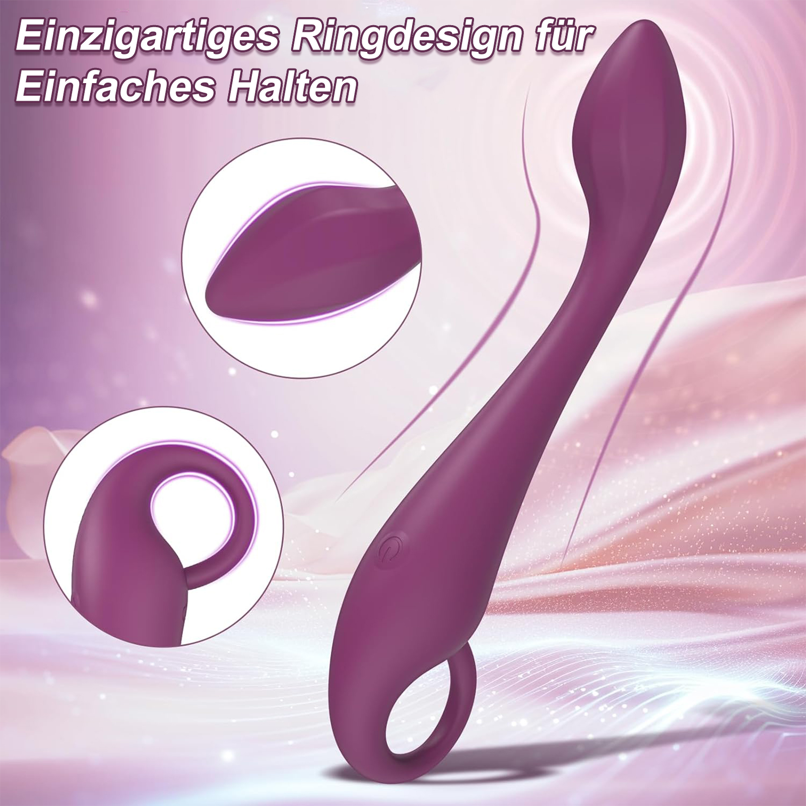 Lila Sexspielzeug mit Ringbasis, Nahaufnahmen von Details. Text: Einfaches Halten, Produktname und Details.