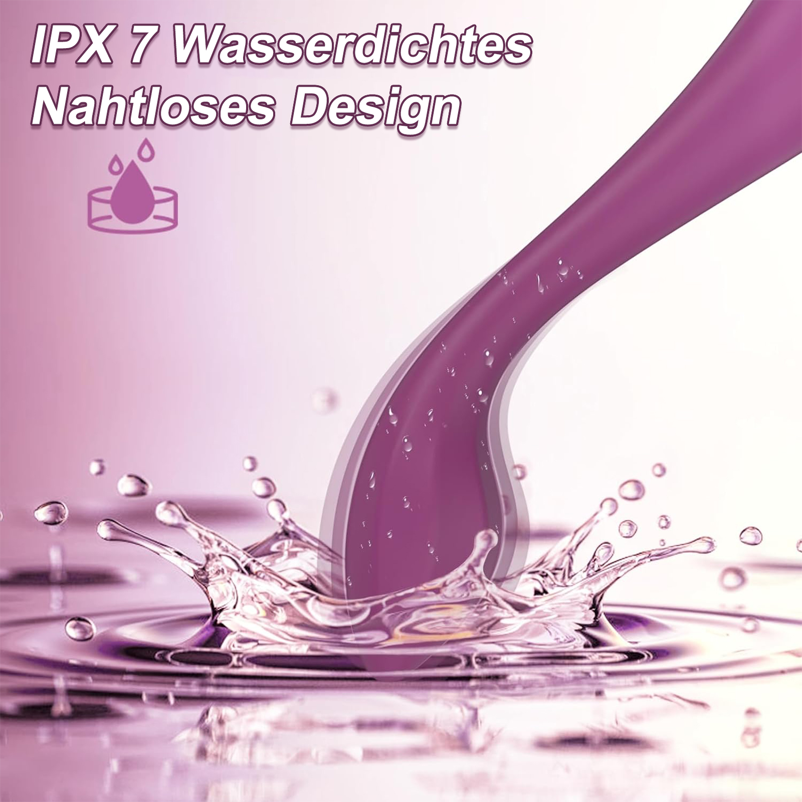 Wasserspritzer mit violett Flüssigkeit. Text: IPX 7 Wasserdichtes, nahtloses Design.
