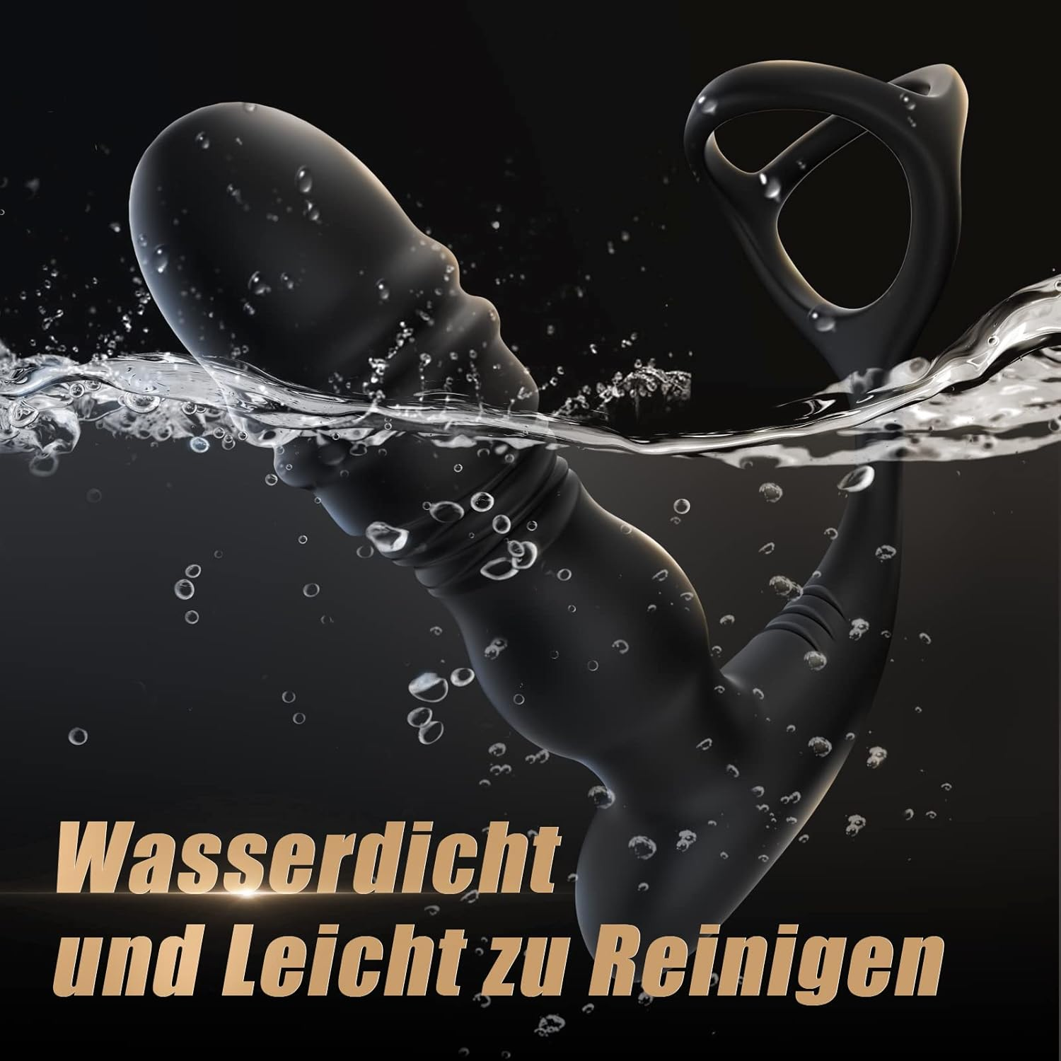 Schwarzes Sexspielzeug in Wasser getaucht. Text: "Wasserdicht und leicht zu reinigen".