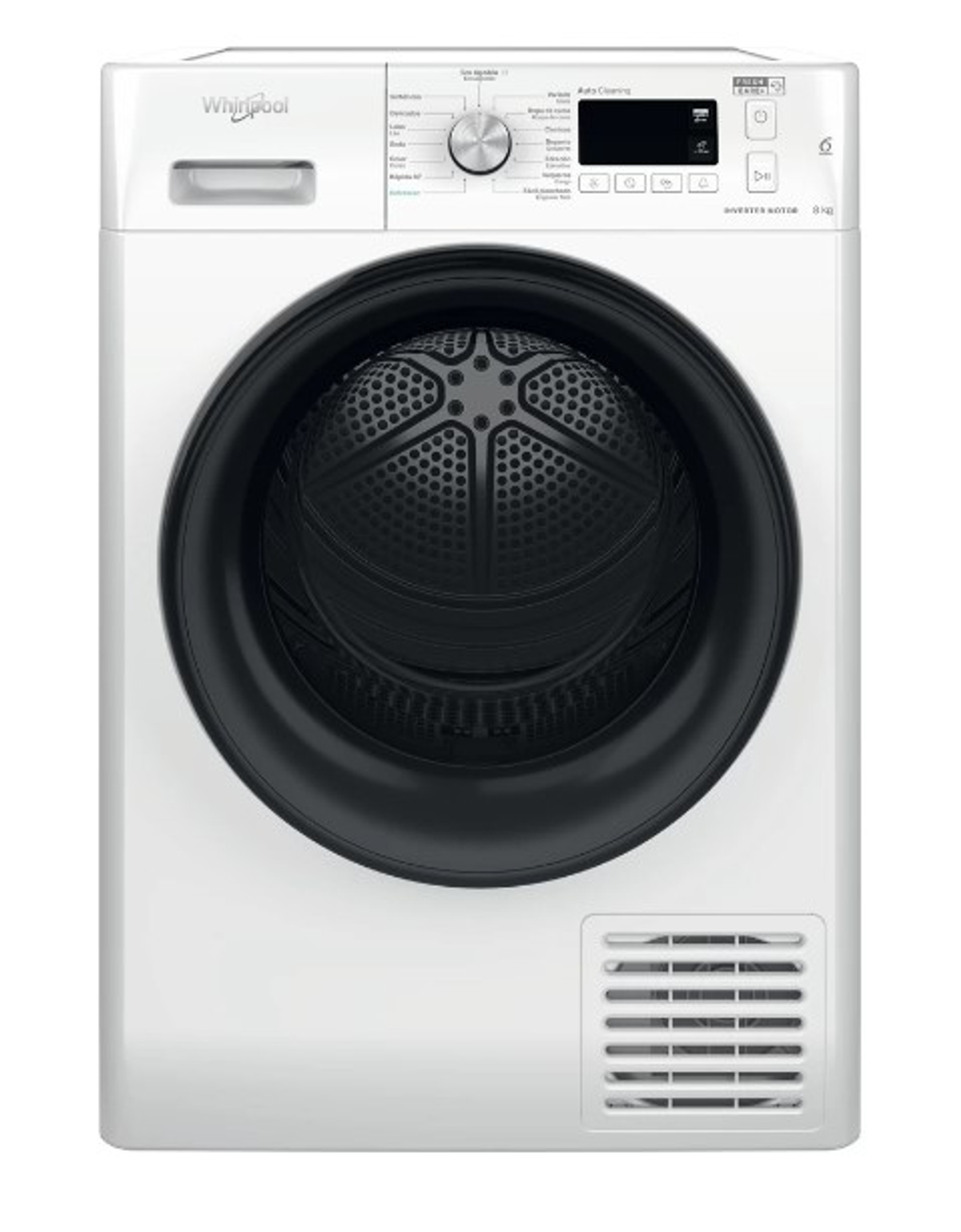 Lavadora Whirlpool blanca con puerta negra, controles y una ventilación.