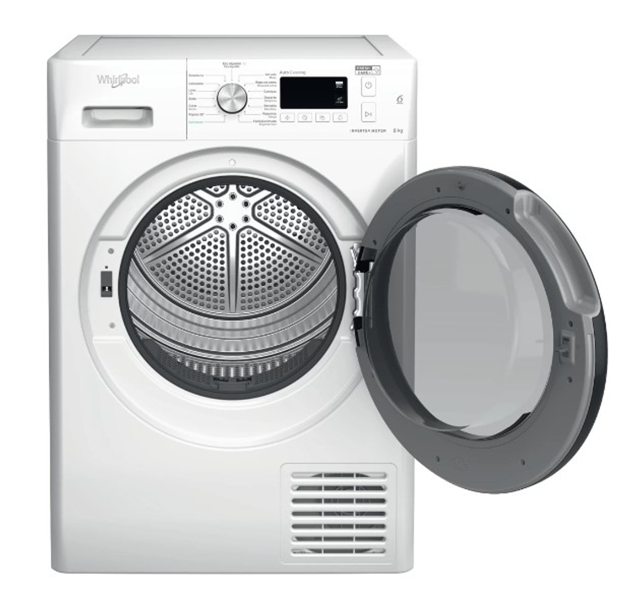 Lavadora blanca con puerta abierta. Tambor interior visible.