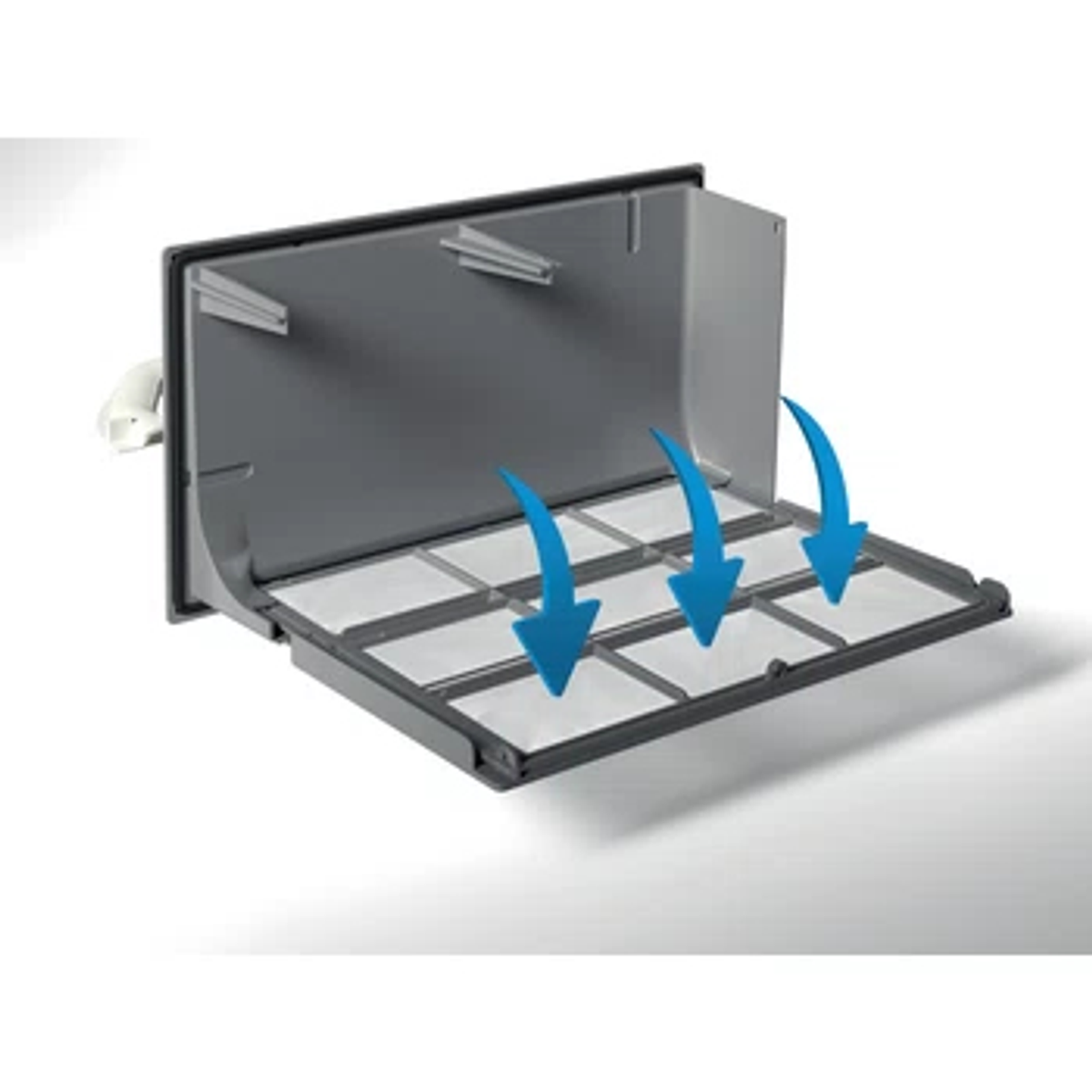 Una caja de filtro gris para una secadora con flechas que indican el flujo de aire a través de los filtros.