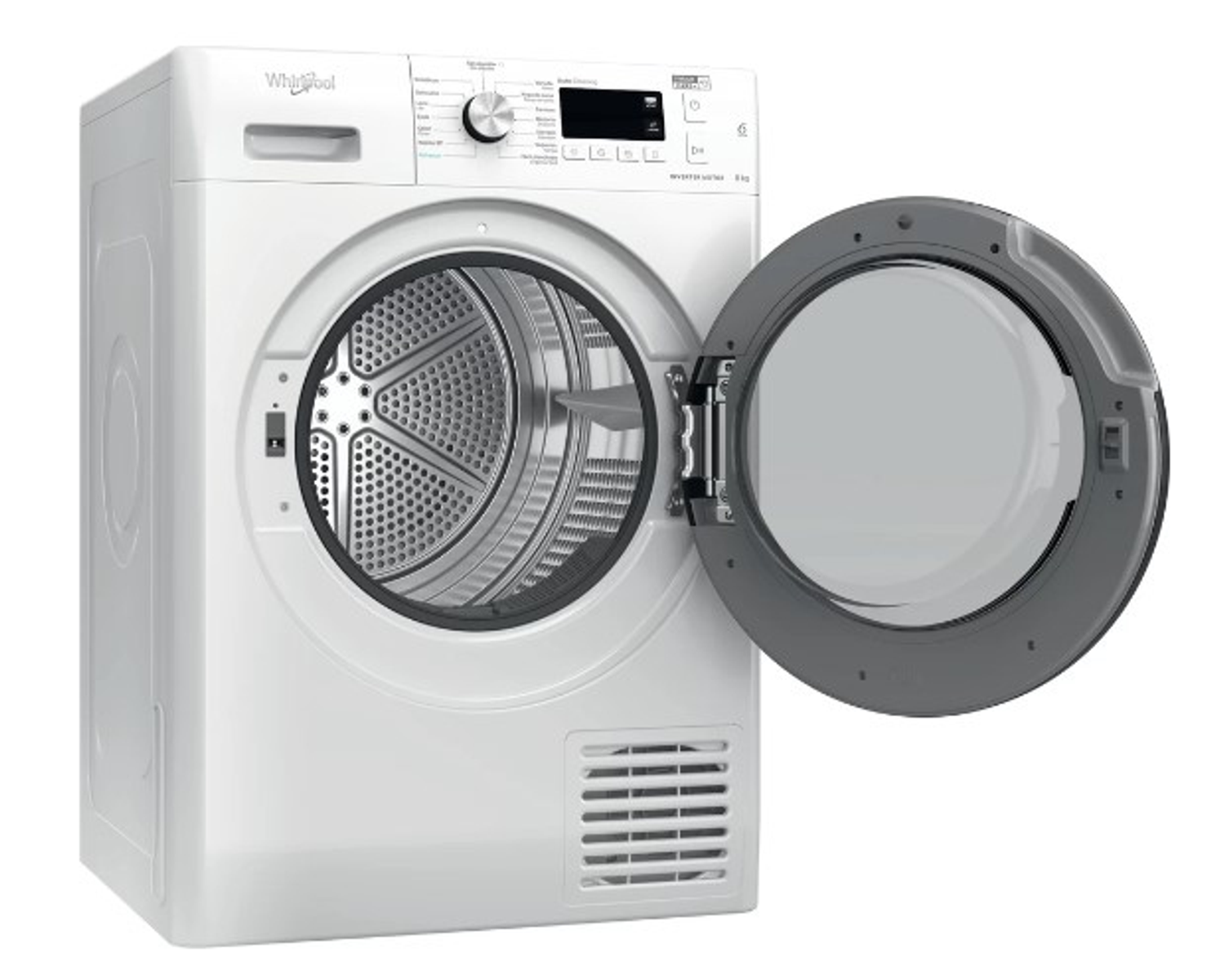 Secadora Whirlpool blanca con puerta abierta, mostrando tambor interior.