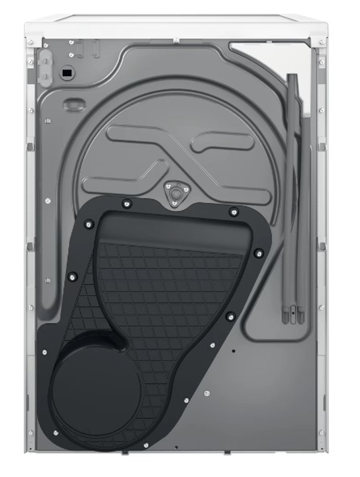 La parte trasera de una lavadora. El panel trasero es de metal y tiene un panel de acceso de plástico negro.