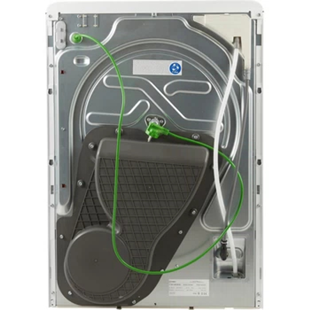 Parte trasera de una secadora blanca con componentes internos, cableado verde y blanco.