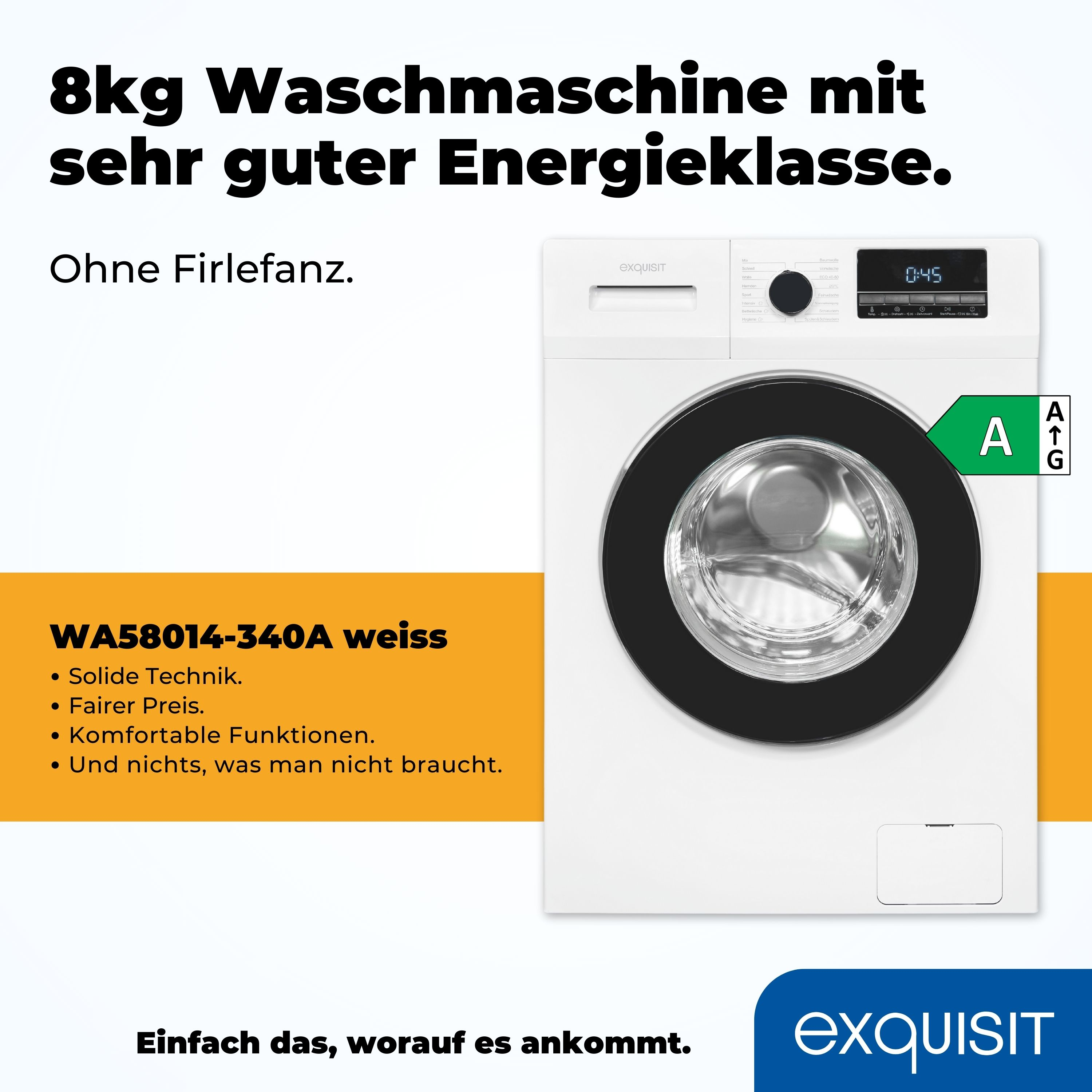 Weiße Waschmaschine mit schwarzer Tür und Details.