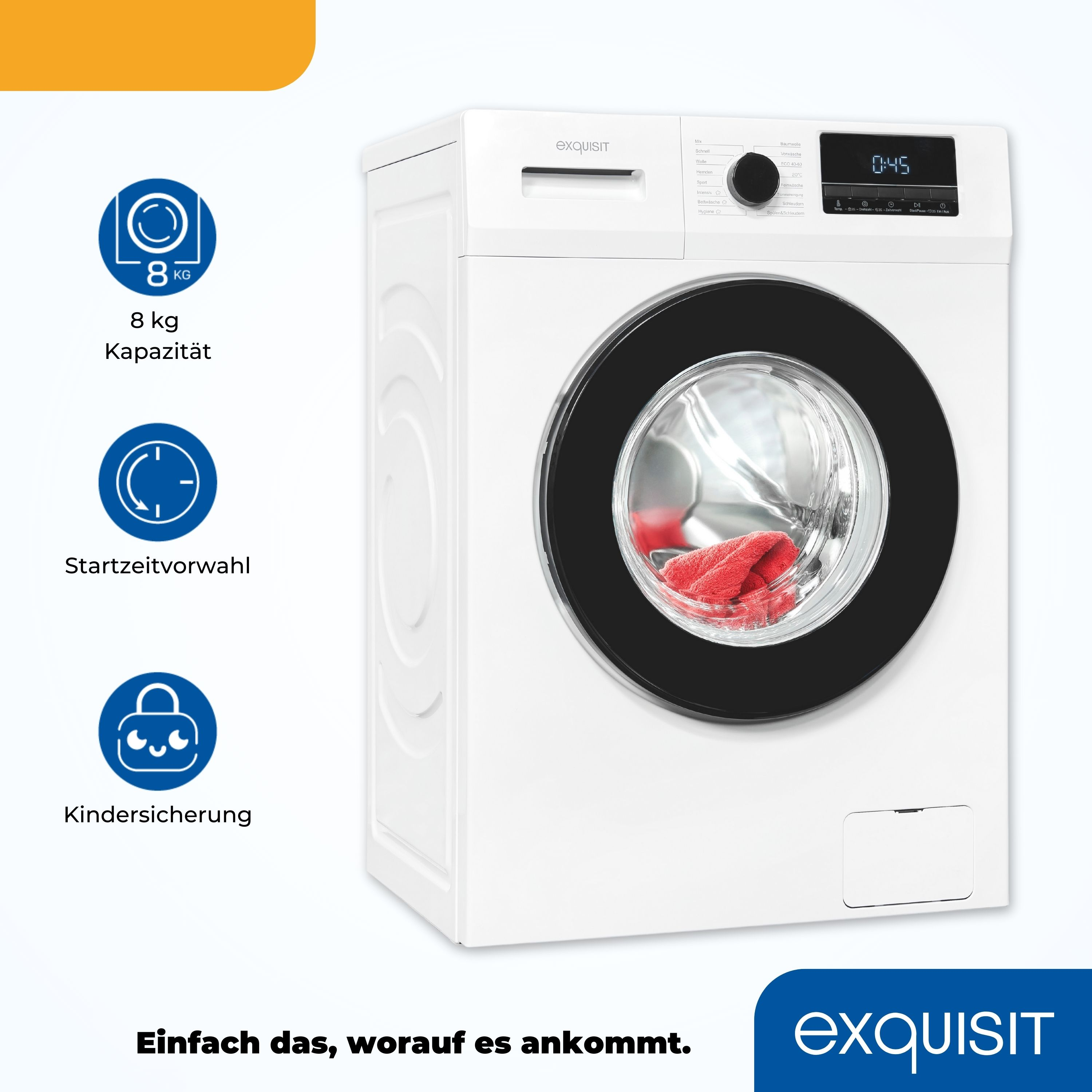 Eine weiße Waschmaschine mit schwarzer Tür. Symbole für 8 kg, Startvorwahl und Kindersicherung sind sichtbar.