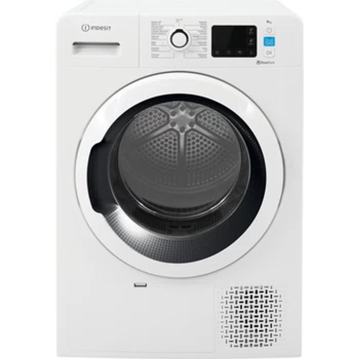 Una secadora Indesit blanca. Tiene una puerta redonda, un panel de control y una rejilla de ventilación en la parte inferior.
