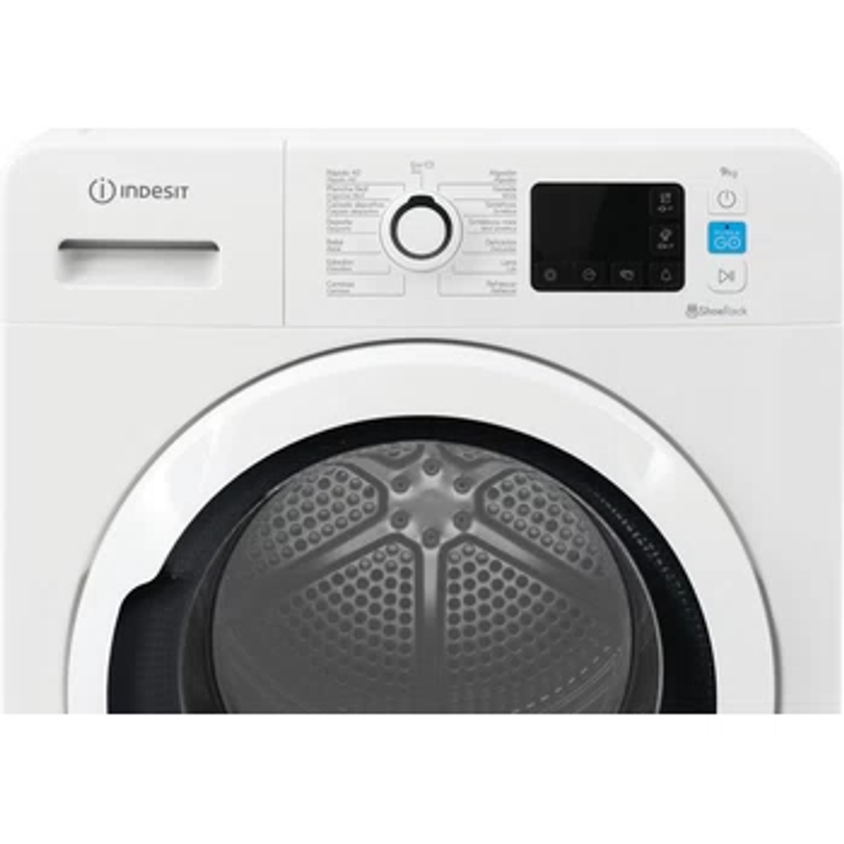 Vista frontal de lavadora Indesit blanca. Panel de control, pantalla negra y puerta redonda.