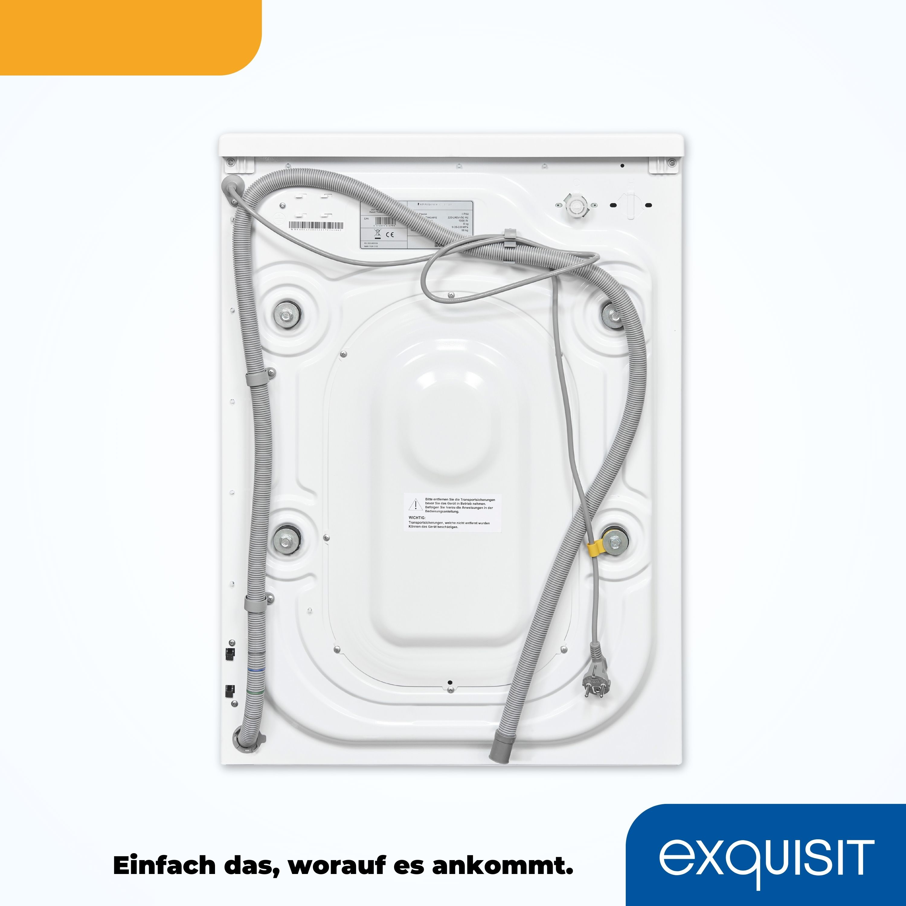 Rückansicht einer weißen Waschmaschine mit angeschlossenen Schläuchen. Ein gelbes Kabel ist sichtbar.