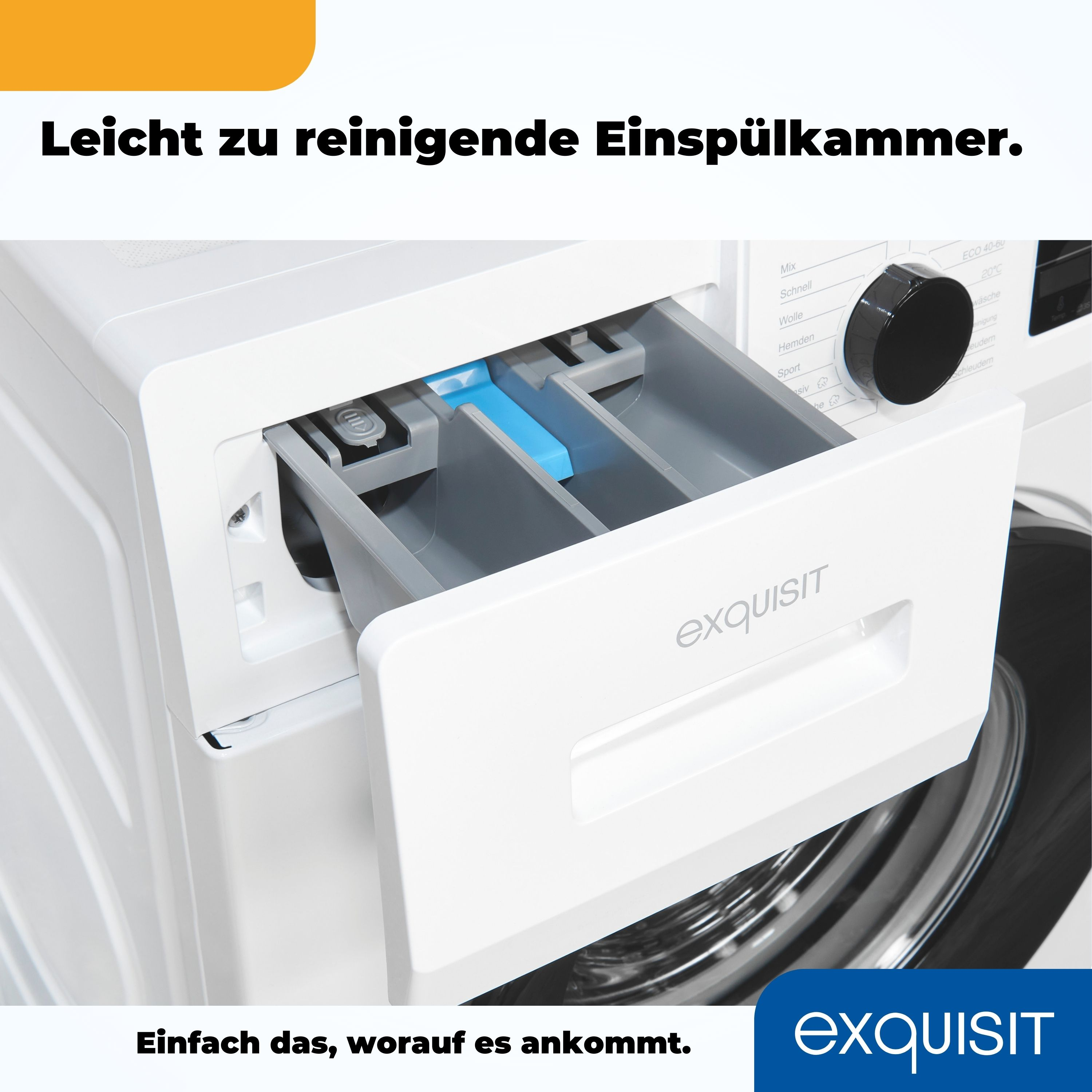 Waschmittelschublade geöffnet, Fächer für Waschmittel und Weichspüler zeigend.