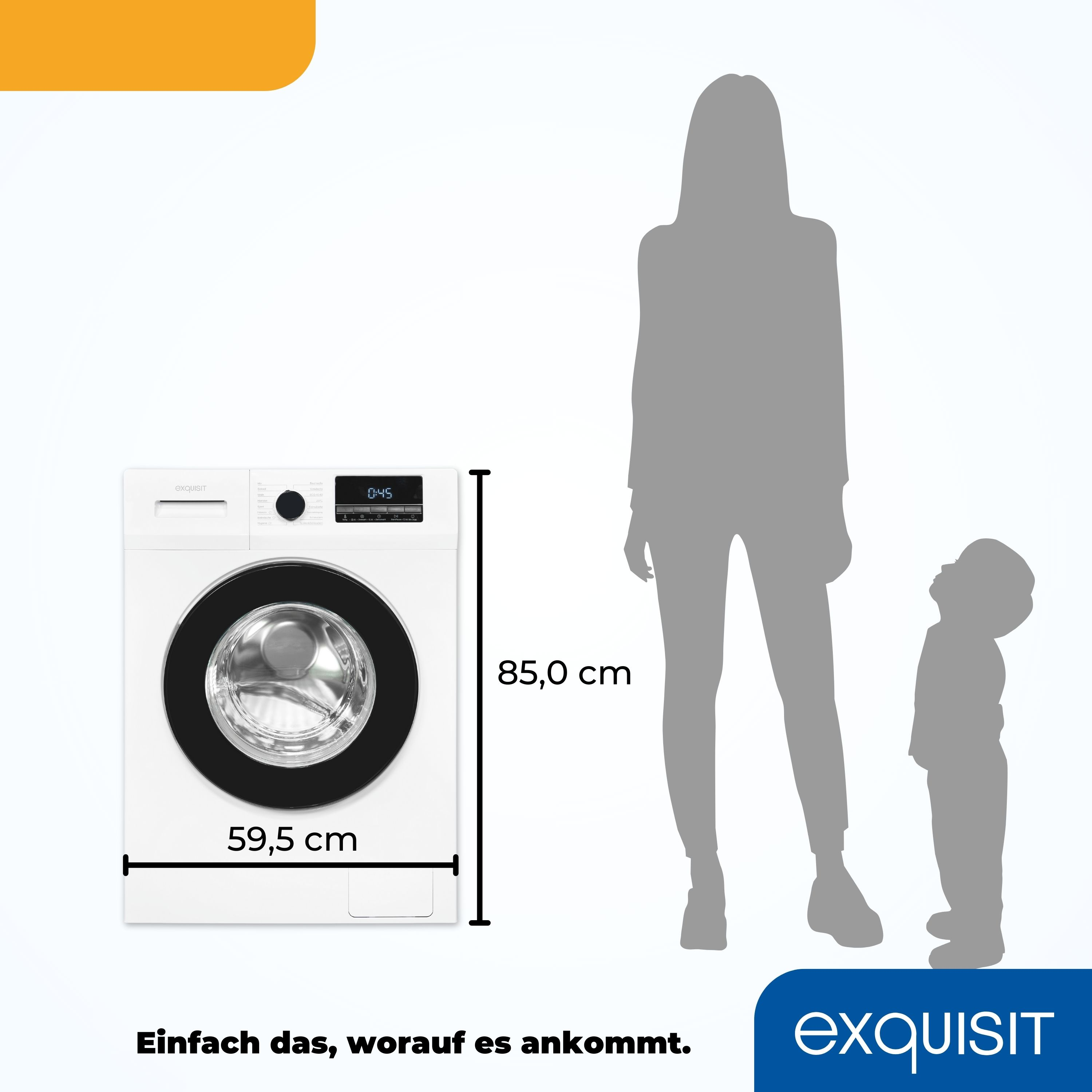 Weiße Waschmaschine mit Markierungen. Eine Person und eine Kindersilhouette daneben.