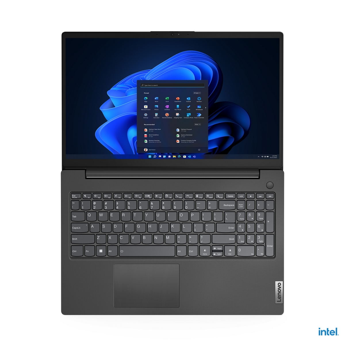 Laptop aperto su una scrivania, che mostra uno schermo con la schermata iniziale di Windows. Sfondo bianco.