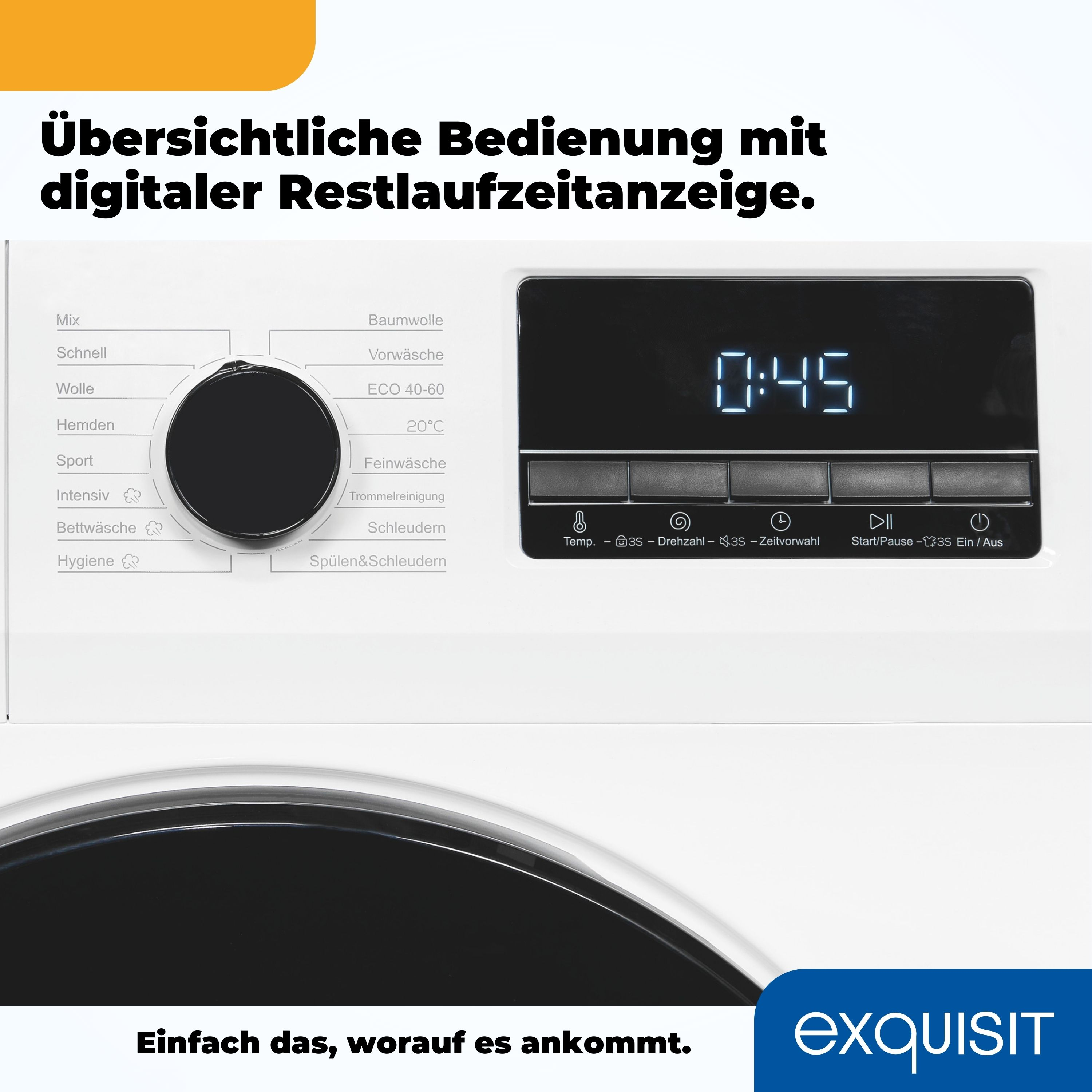 Weißes Waschmaschinen-Interface mit Text und digitaler Anzeige.