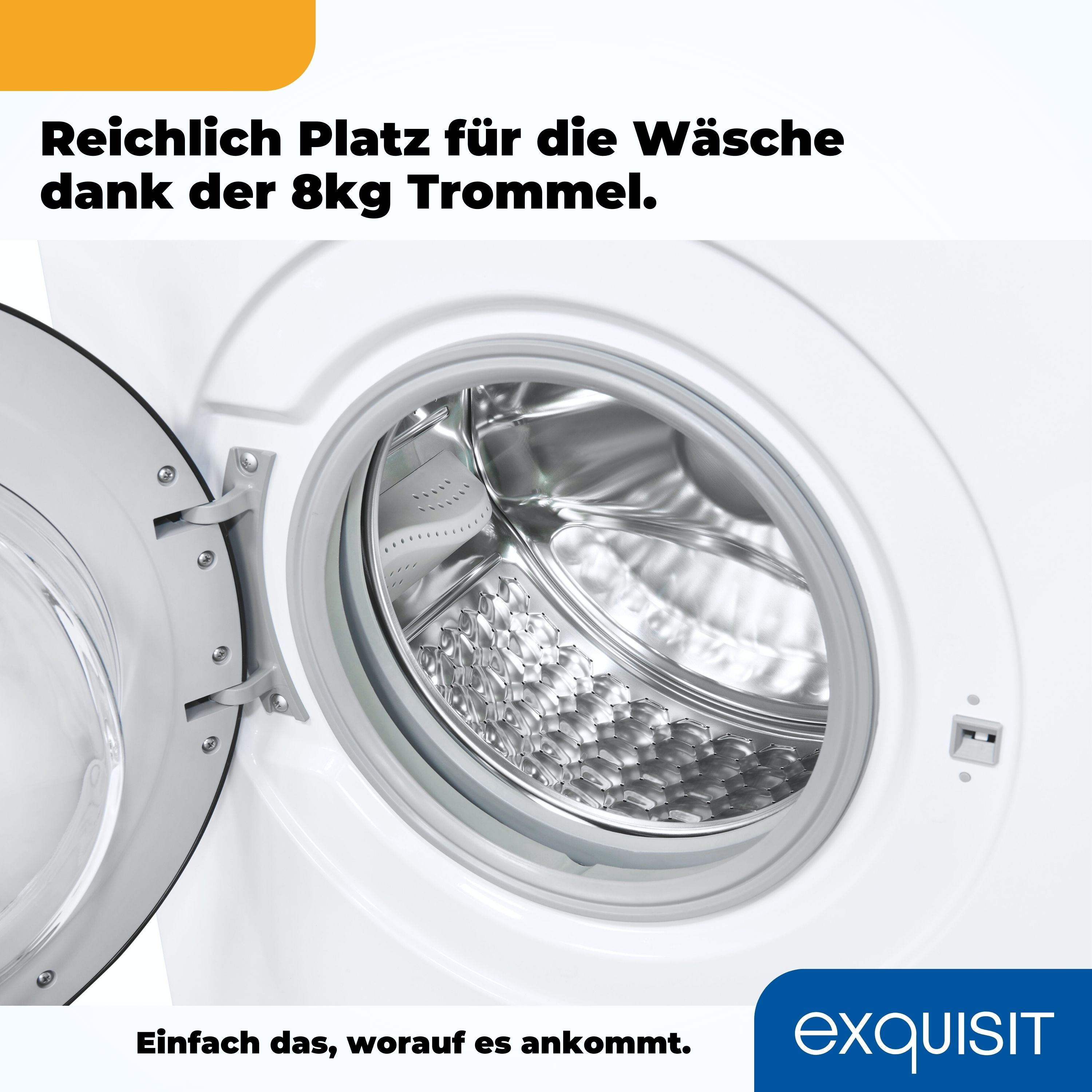 Nahaufnahme einer geöffneten Waschmaschine. Die Trommel ist sichtbar. Text auf Deutsch: 'Viel Platz für die Wäsche'.