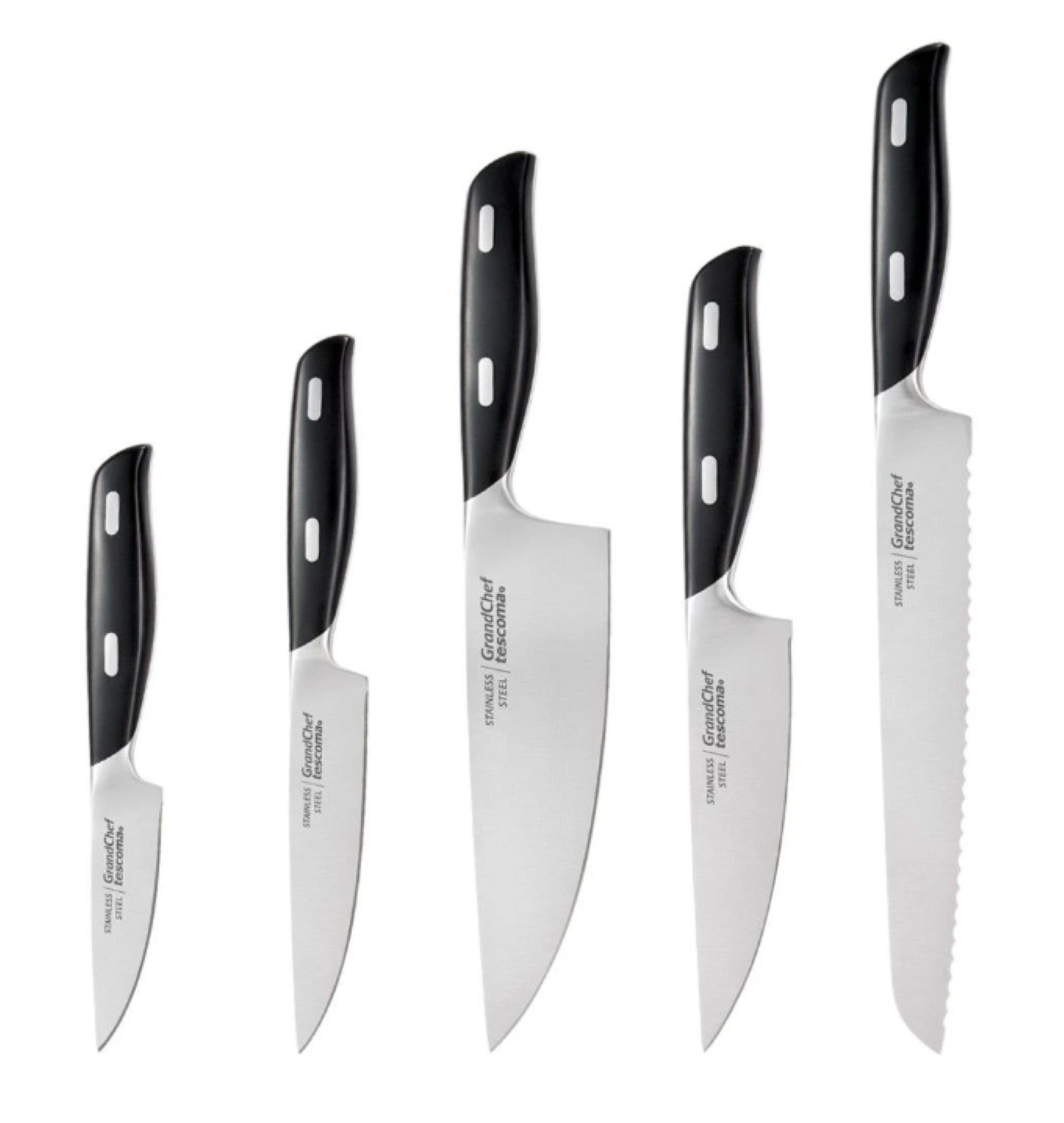 Set aus fünf Küchenmessern mit schwarzen Griffen und silbernen Klingen. Sie sind von klein nach groß angeordnet.