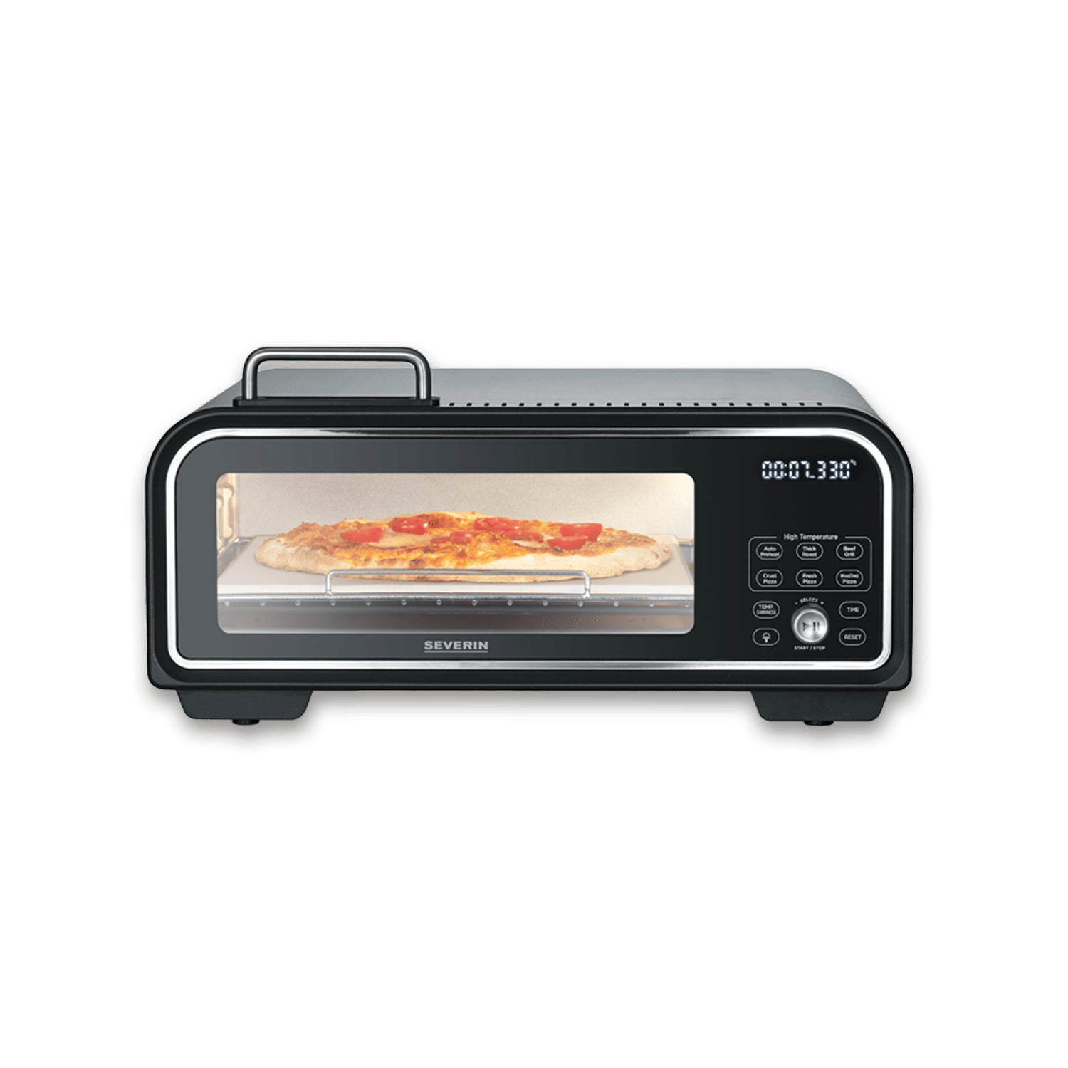 Four noir avec une pizza à l'intérieur. L'affichage numérique indique l'heure. Fond noir.