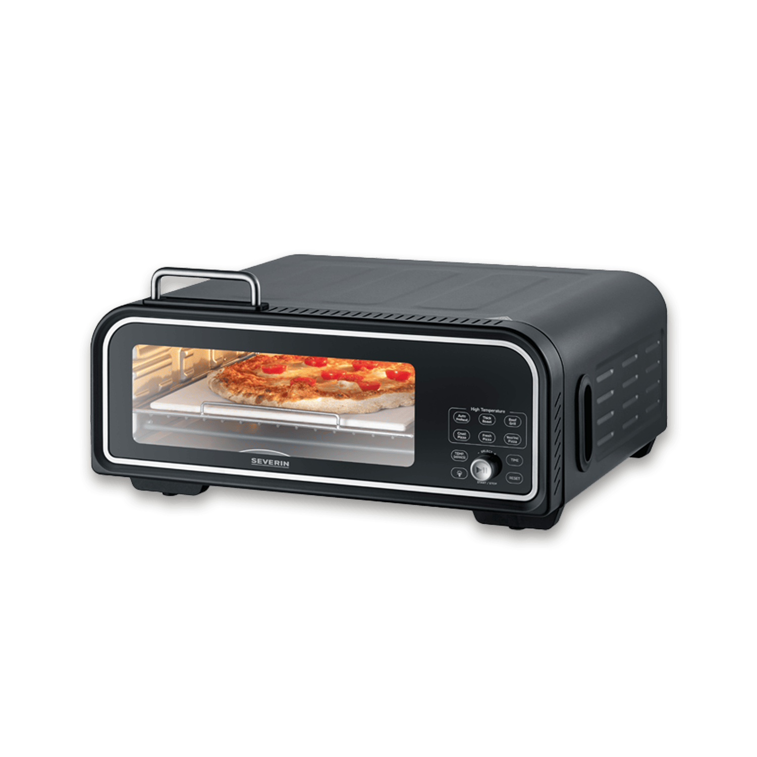 Un four à pizza noir de style rétro avec une pizza à l'intérieur. Le four a une poignée et un panneau de contrôle.