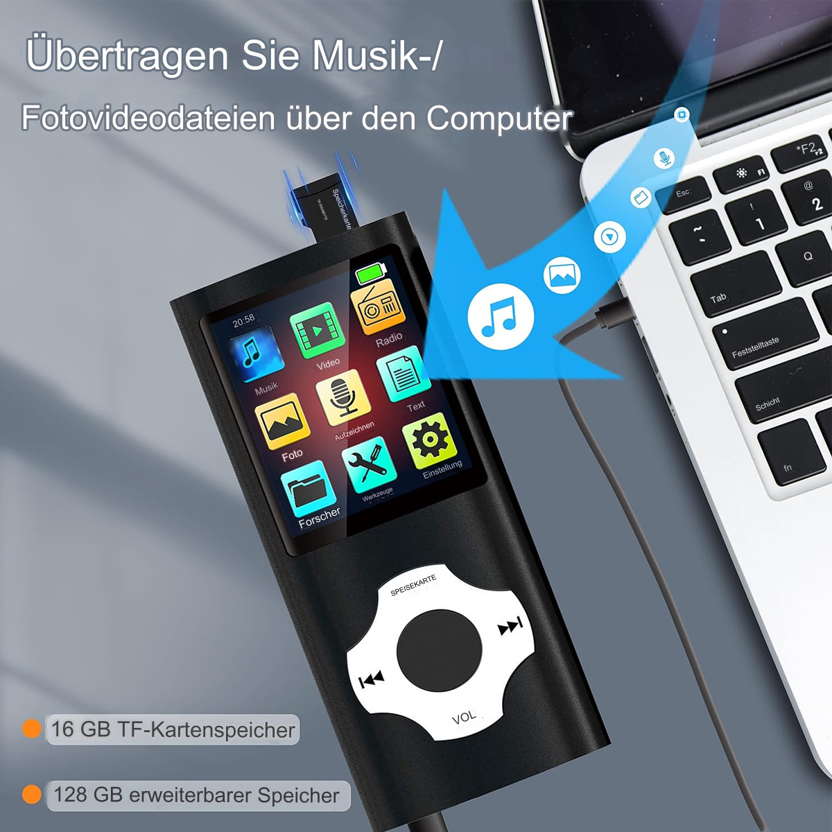 Schwarzer MP3-Player, über ein Kabel mit einem Laptop verbunden. Der Bildschirm zeigt App-Symbole.