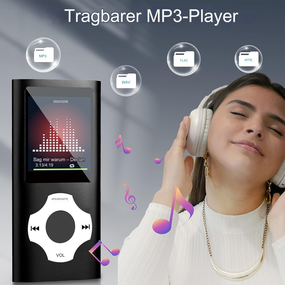 Ein schwarzer MP3-Player mit Bildschirm und eine Frau mit Kopfhörern. Bunte Noten drumherum.
