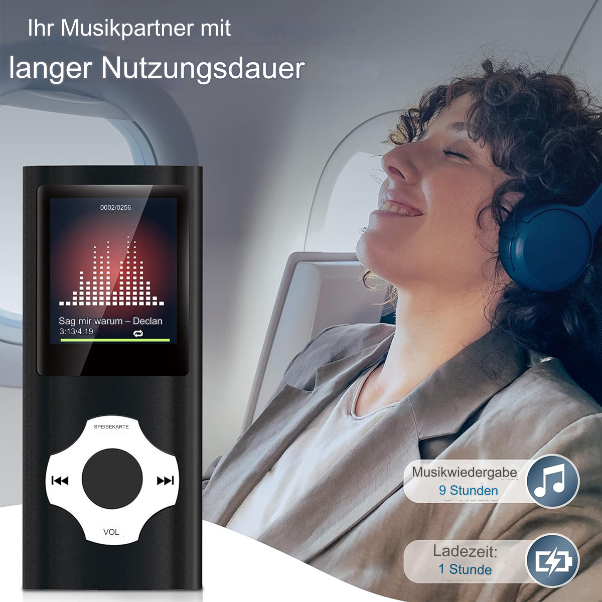 Schwarzer MP3-Player mit Bildschirm, Frau mit Kopfhörern, im Flugzeug.