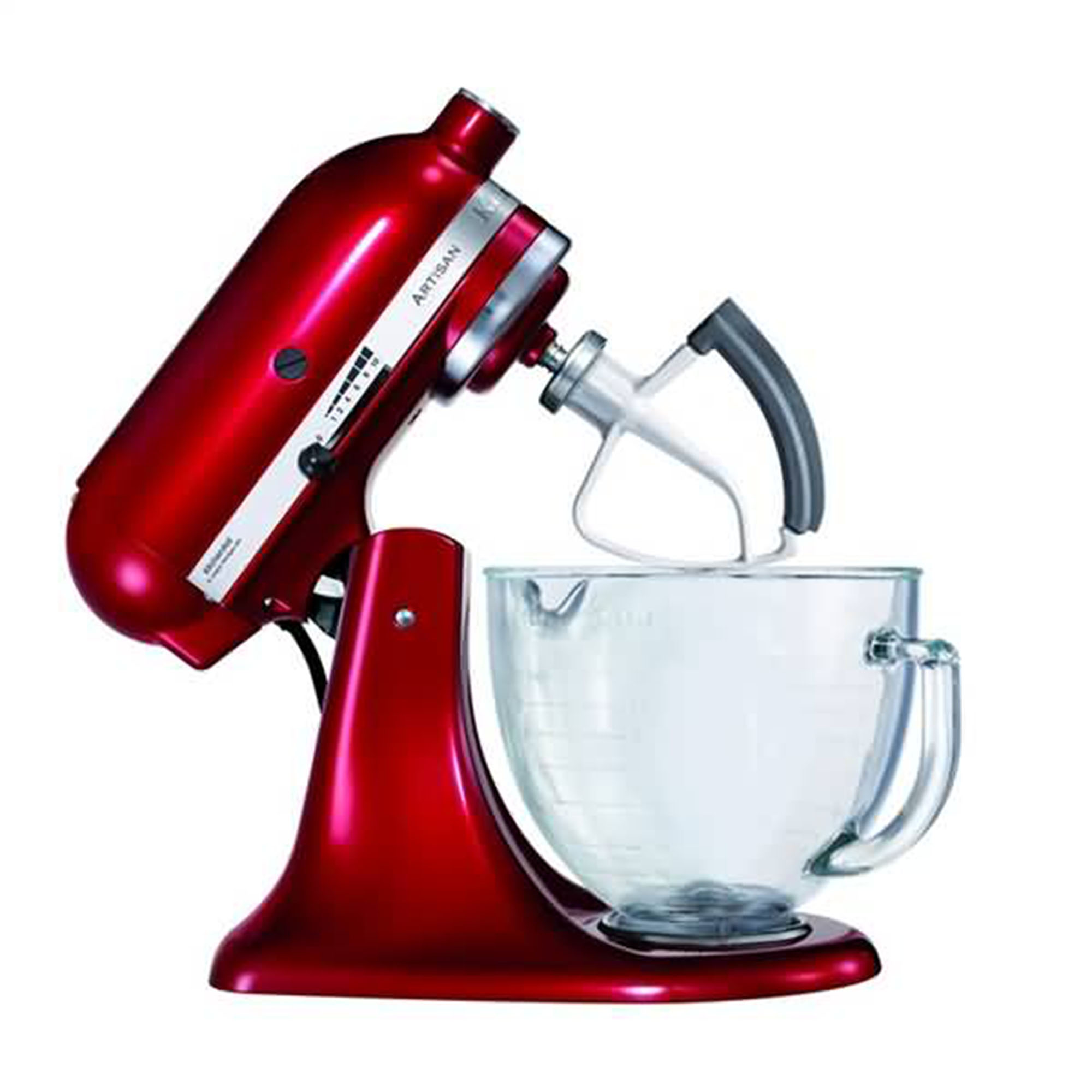 Een rode keukenmixer met een glazen kom en een witte garde-opzet, geïsoleerd op een witte achtergrond.