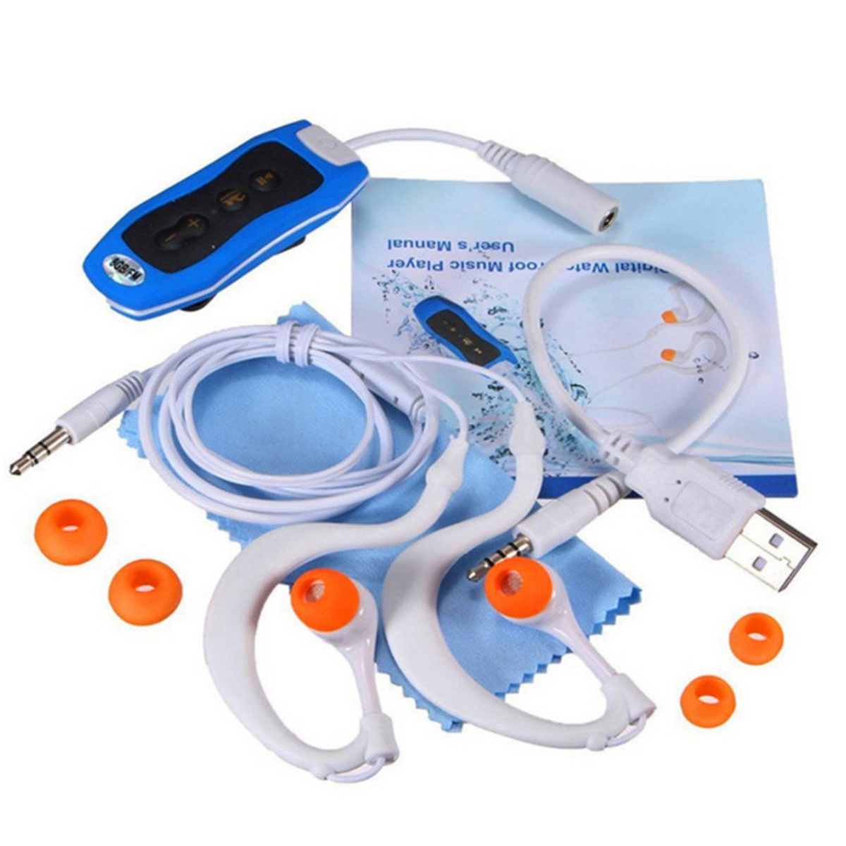 Blau-weißer wasserdichter Musikplayer mit Kopfhörern, USB-Kabel und Benutzerhandbuch.