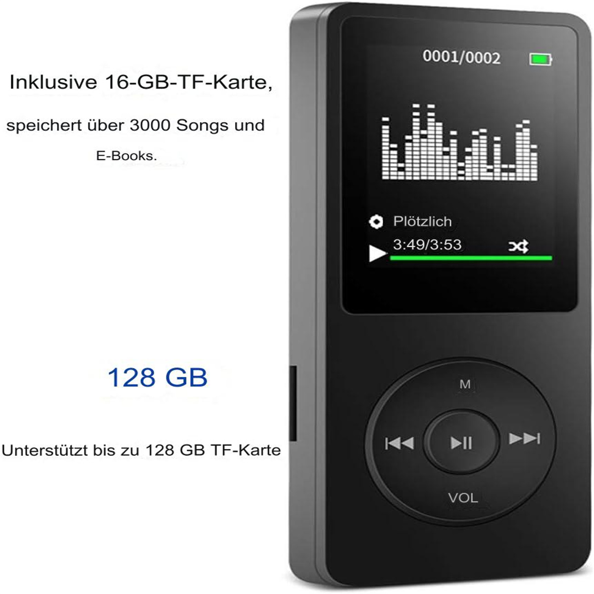 Schwarzer MP3-Player mit Bildschirm, der einen Song anzeigt. Der Text '128 GB' wird angezeigt. Tasten zur Steuerung.