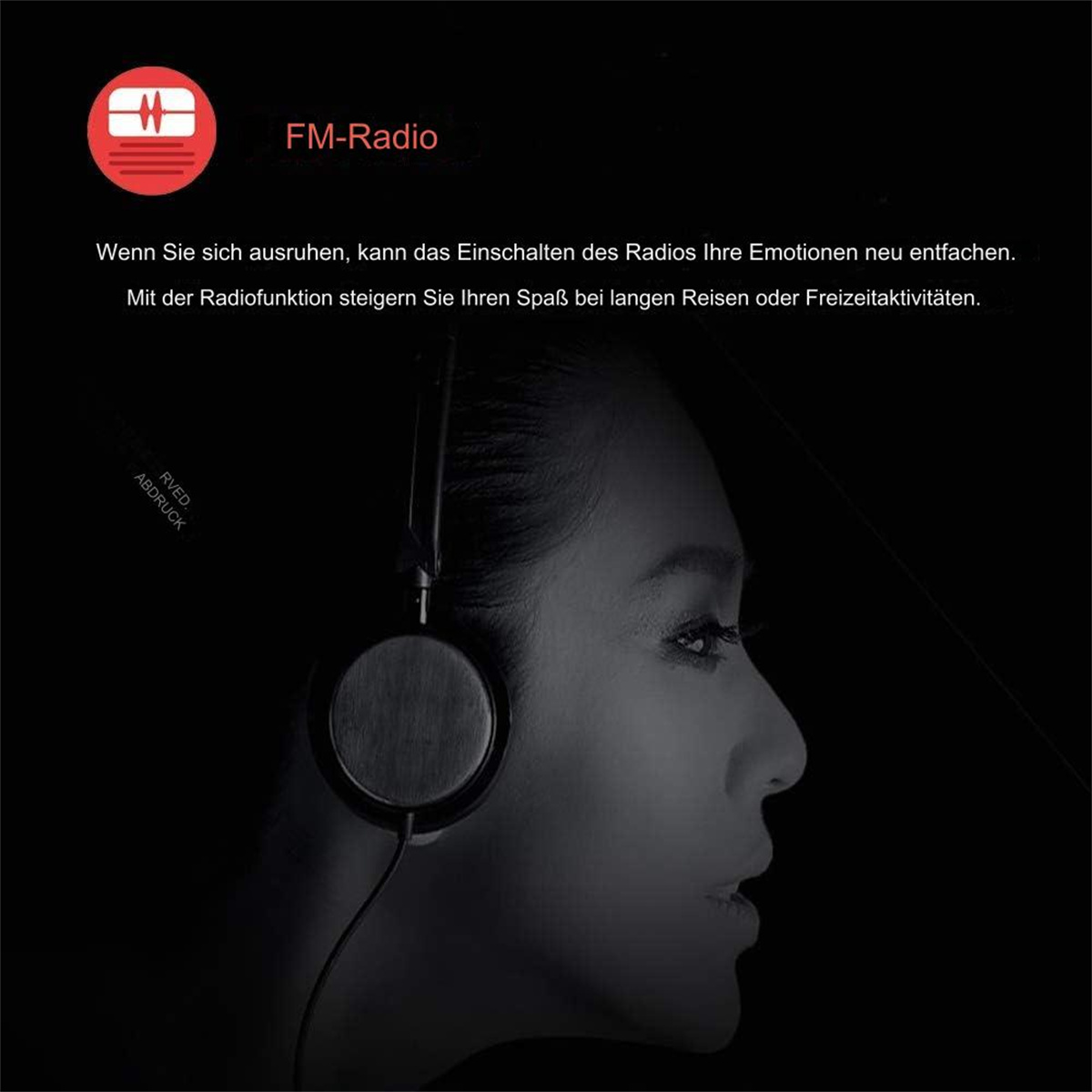 Eine Frau mit Kopfhörern hört Musik, darüber steht der Text 'FM-Radio'.