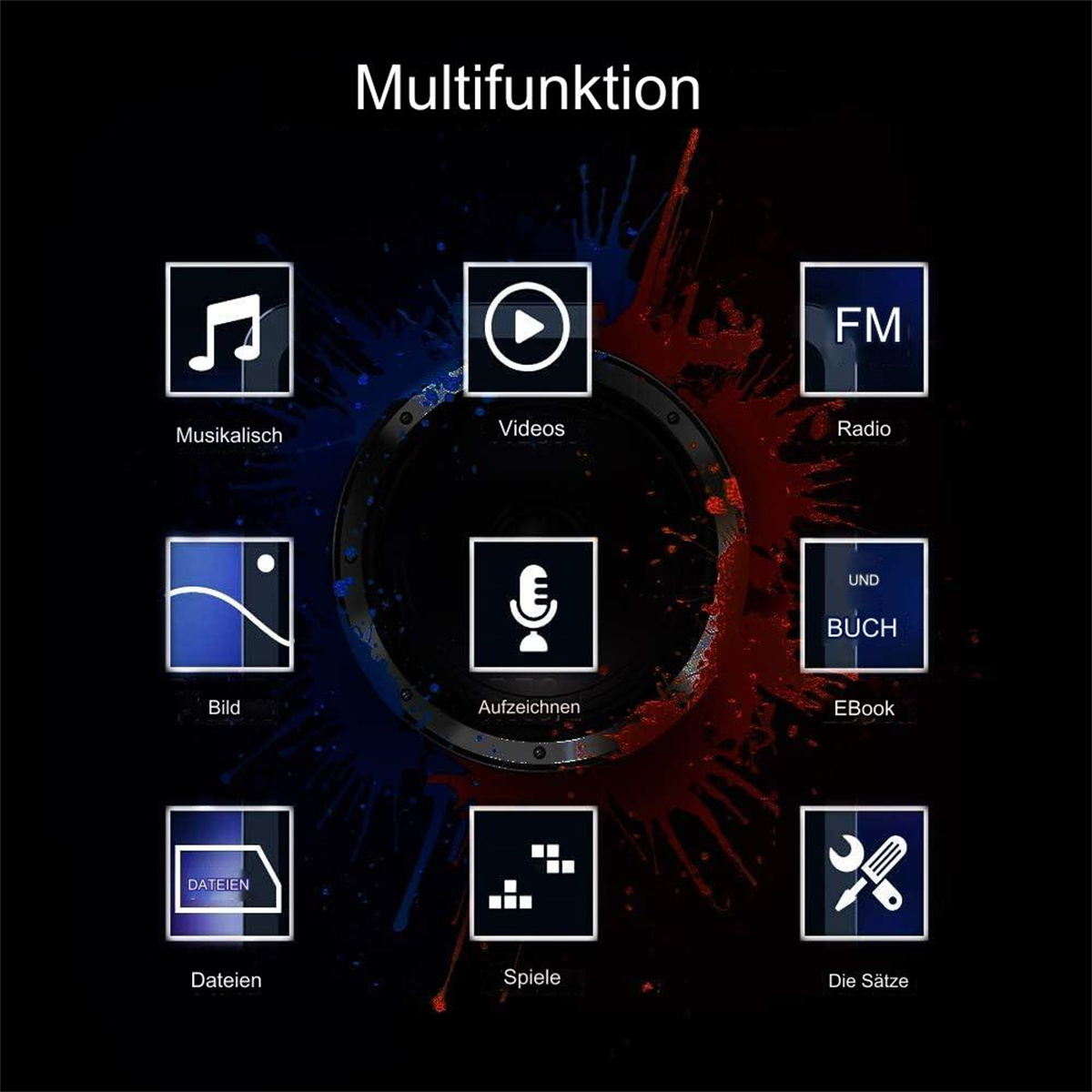 Icons of music, video, radio, picture, record, ebook, files, games, settings.