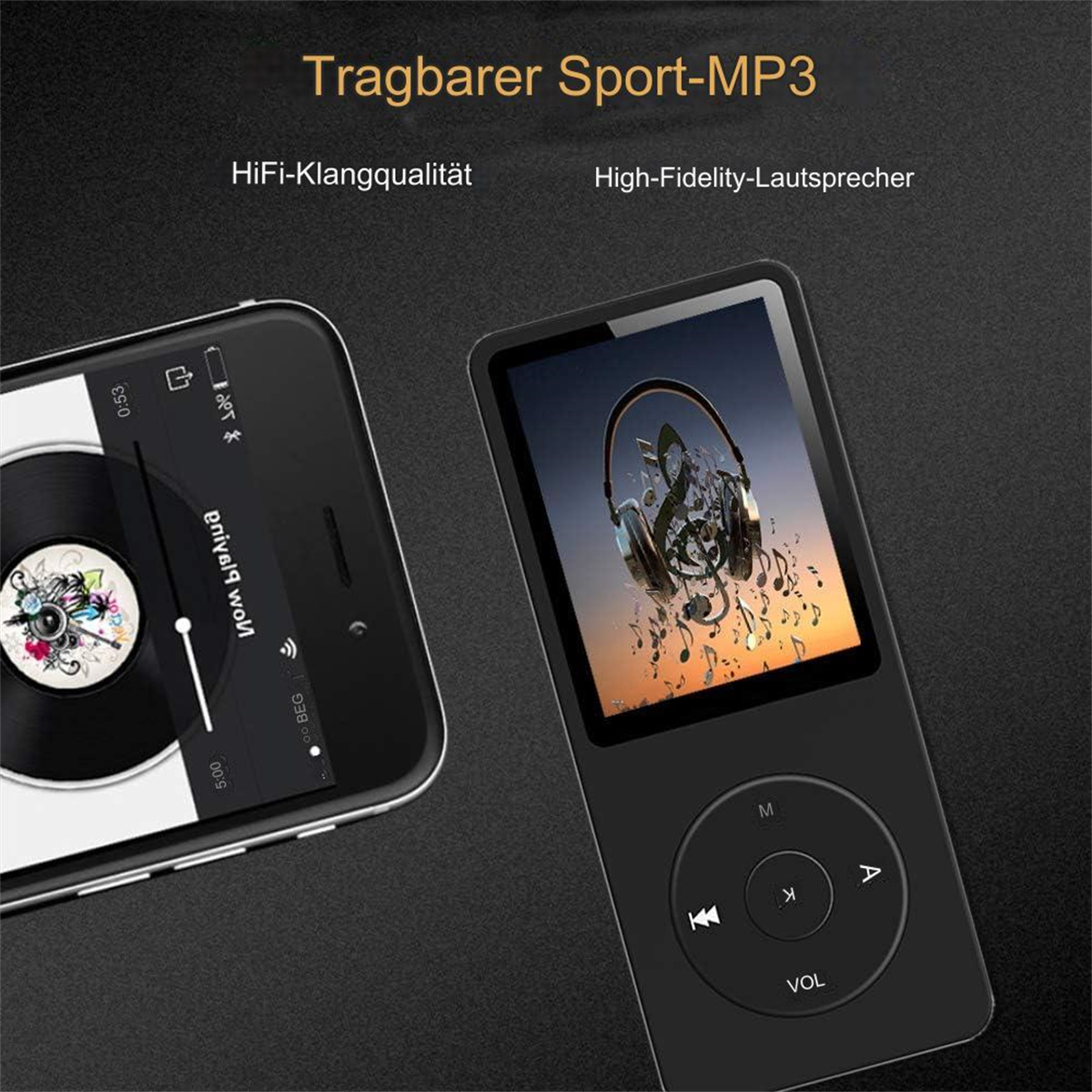 Zwei tragbare MP3-Player. Einer ist schwarz mit einem Bildschirm, der eine Musik-Playlist anzeigt.