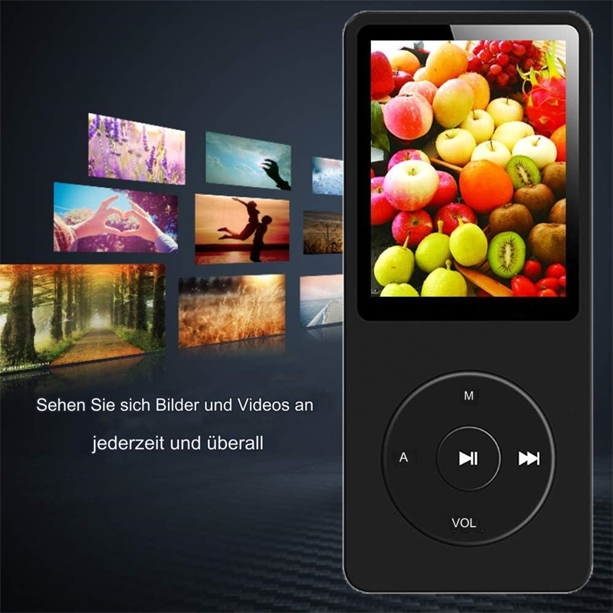 Schwarzer MP3-Player mit Bildschirm, der Bilder von Früchten und anderen Bildern anzeigt. Knöpfe sind unten.