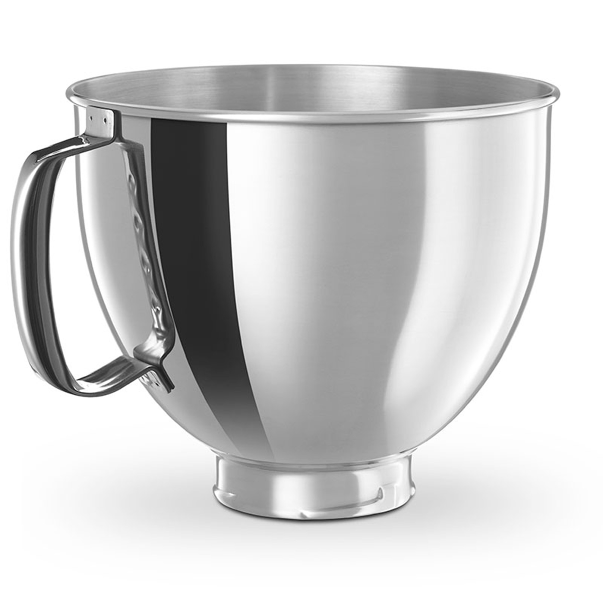 Edelstahl-Rührschüssel. Griff an der Seite sichtbar. Die Schüssel ist metallisch.