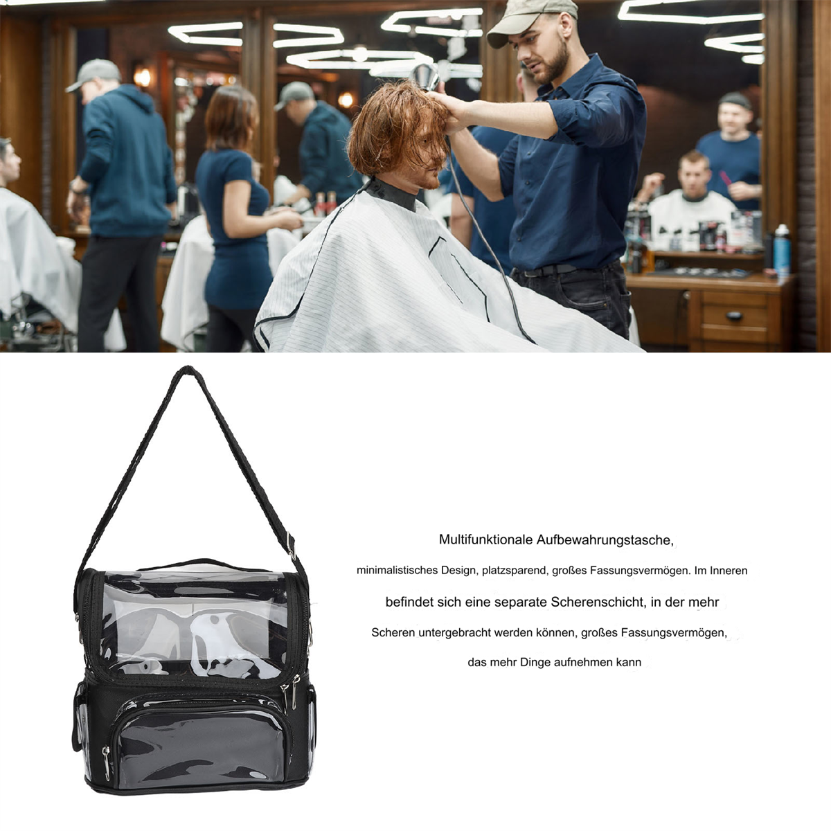 Ein Friseur schneidet einem Mann die Haare in einem Salon. Eine schwarze Tasche mit durchsichtigen Taschen befindet sich im Vordergrund mit Text.