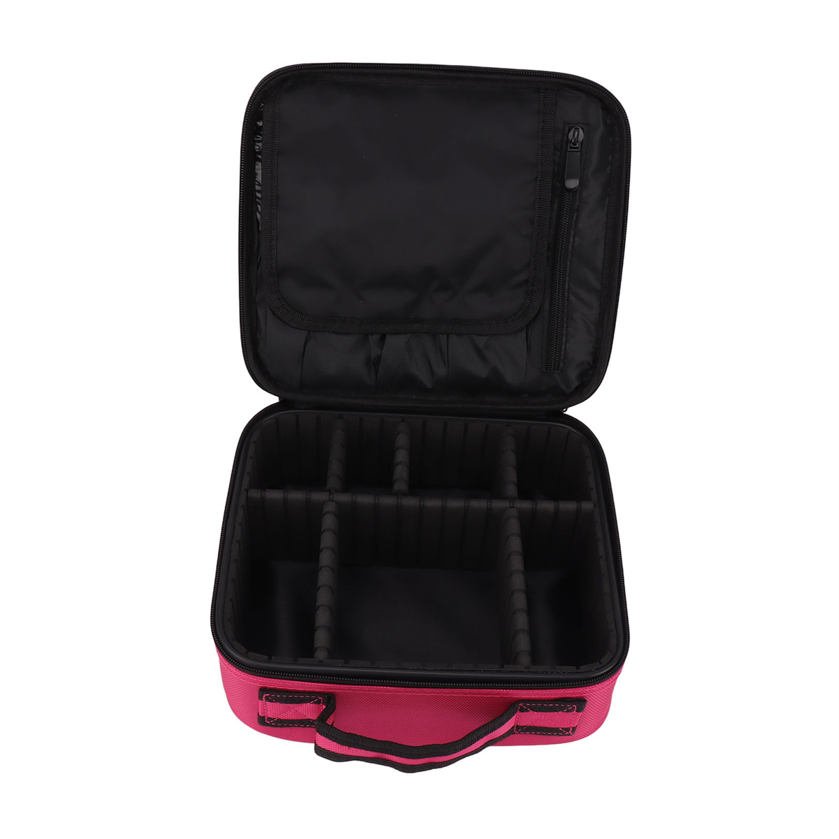 Ein offener pinkfarbener Make-up-Koffer mit mehreren schwarzen Fächern im Inneren, von oben betrachtet.