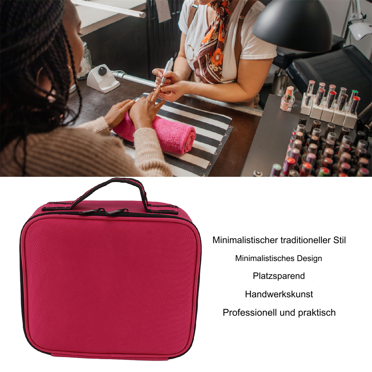 Eine Maniküristin arbeitet an den Nägeln einer Kundin. Rote Kosmetiktasche im Vordergrund.