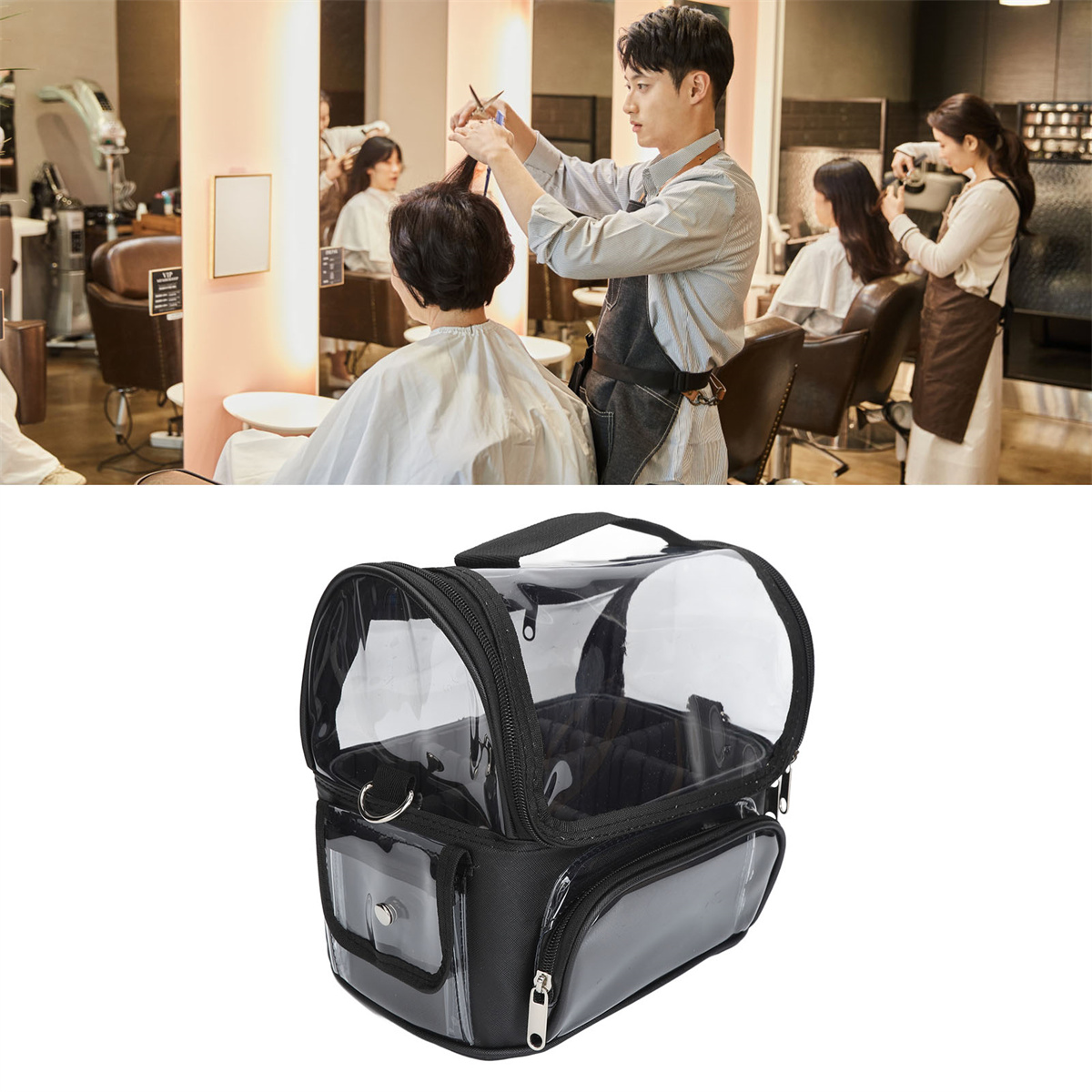 Friseur schneidet Haare, ein weiterer Stylist mit Kunde und eine schwarze Make-up-Tasche. Raum mit Spiegeln und Lichtern.