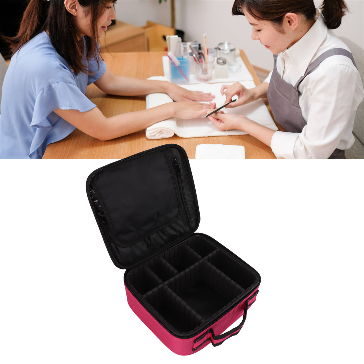 Maniküre und Kundin. Maniküristin arbeitet an den Nägeln einer Kundin, Make-up-Tasche.