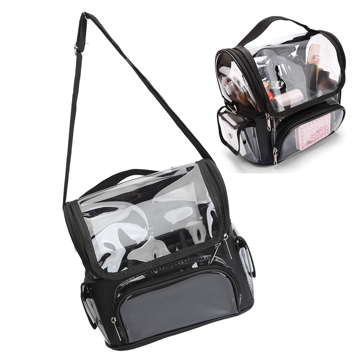 Zwei transparente Make-up-Taschen, eine offen, zeigt den Inhalt. Beide sind schwarz mit durchsichtigen Kunststofffenstern.